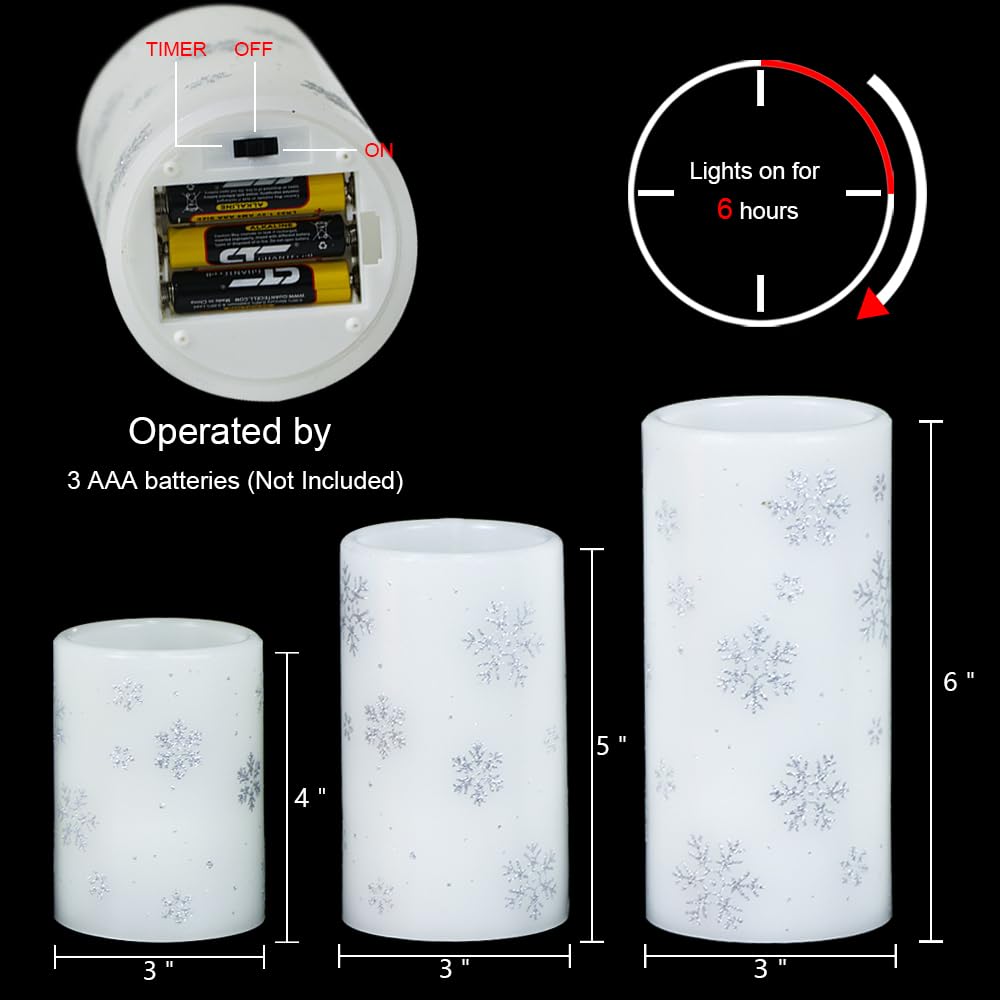 Dromance Silver Snowflake Flameless Flickering Candles Battery Operated With 6H Timer, 3 Pack Real Wax Warm Light Led Pillar Can
