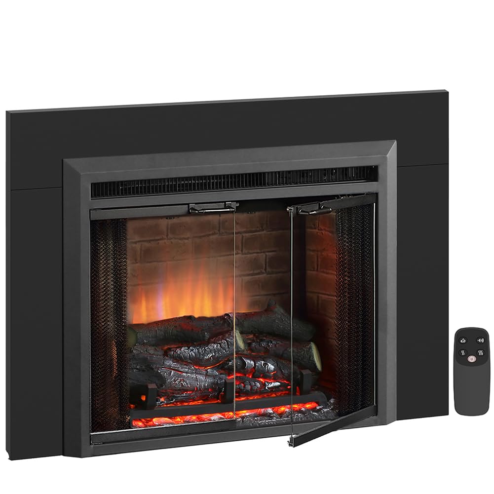 Puraflame Klaus 23    Electric Fireplace Insert With Trim Kit, Fire Crackling Sound, Resin Log, Glass Door And Mesh Screen, 750/