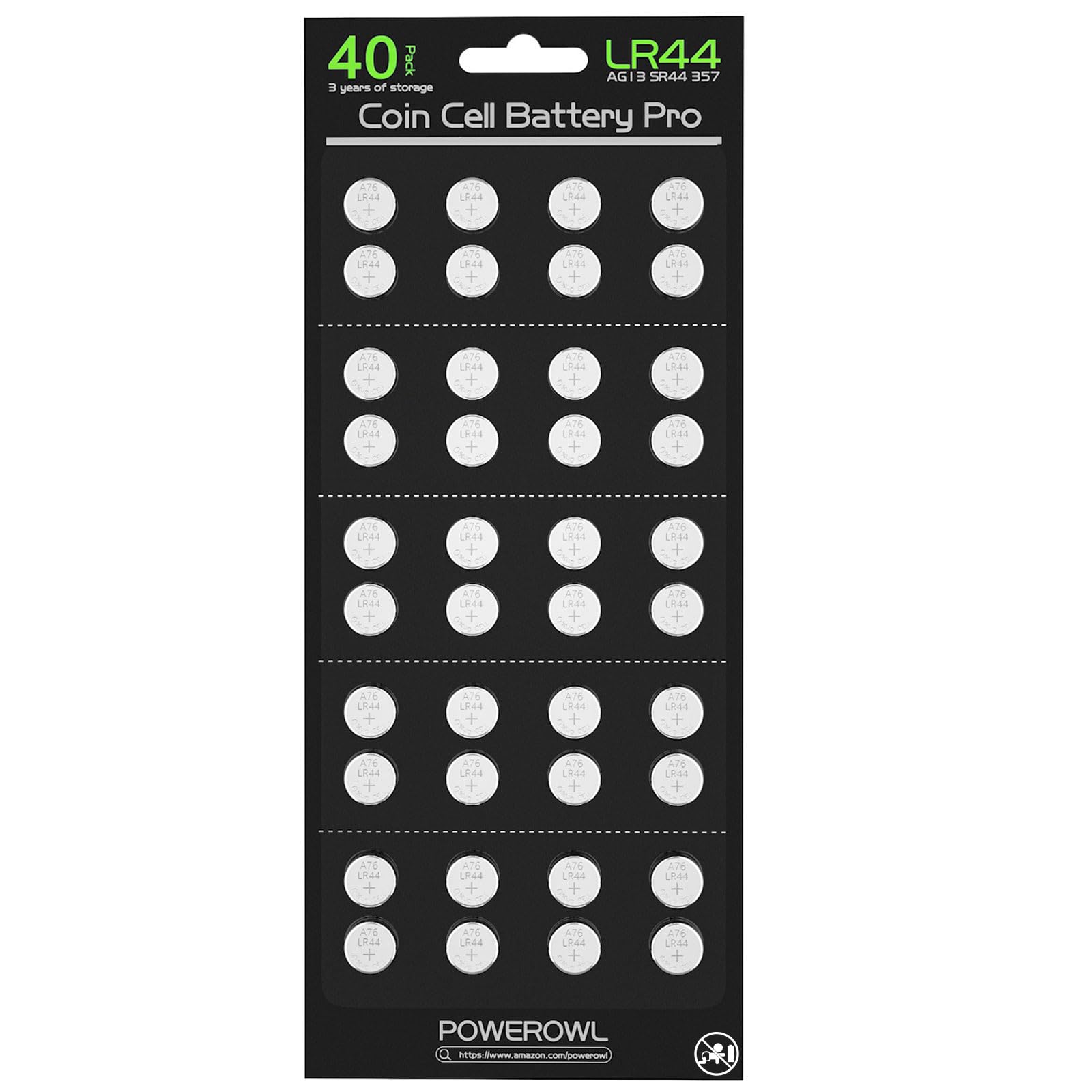 Powerowl High Capacity Lr44 Batteries 40 Pack, L1154F Ag13 357 303 Sr44 A76 Premium Alkaline Battery 1.5V Button Coin Cell Batte