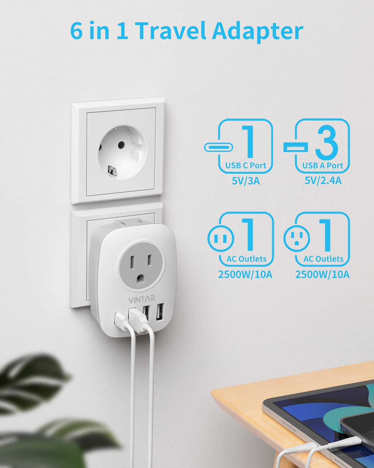 3 Pack Type E/F Plug Adapter, Vintar Schuko Germany France Adapter Plug,South Korea Outlet Adapter With 1 Usb C,3 Usb Ports And
