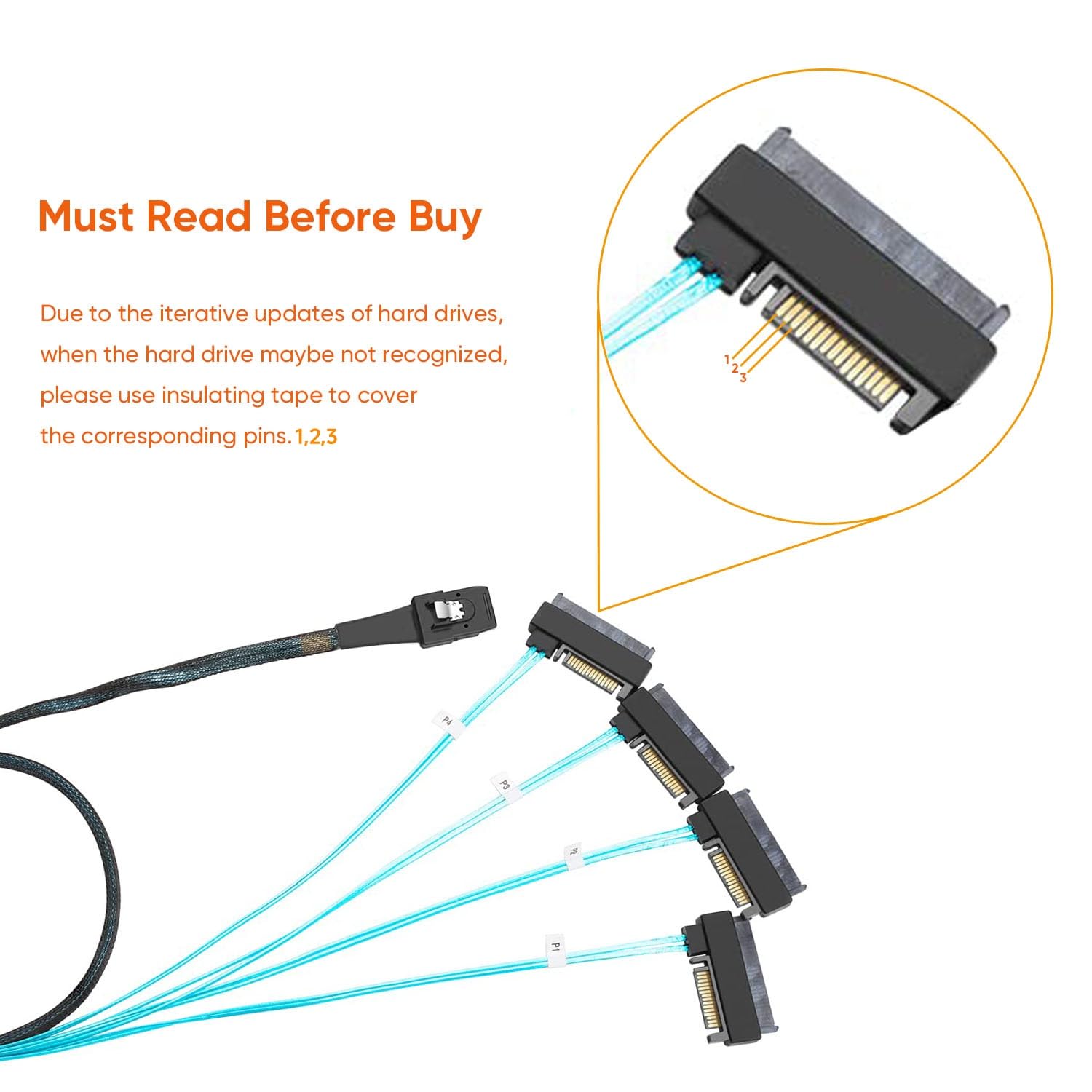 Cablecreation Mini Sas Cable With Sata Power(2Pack), Internal Mini Sas 36 Pin To 4 X 29 Pin Cord With Sata Power, Sff 8087 To Sf