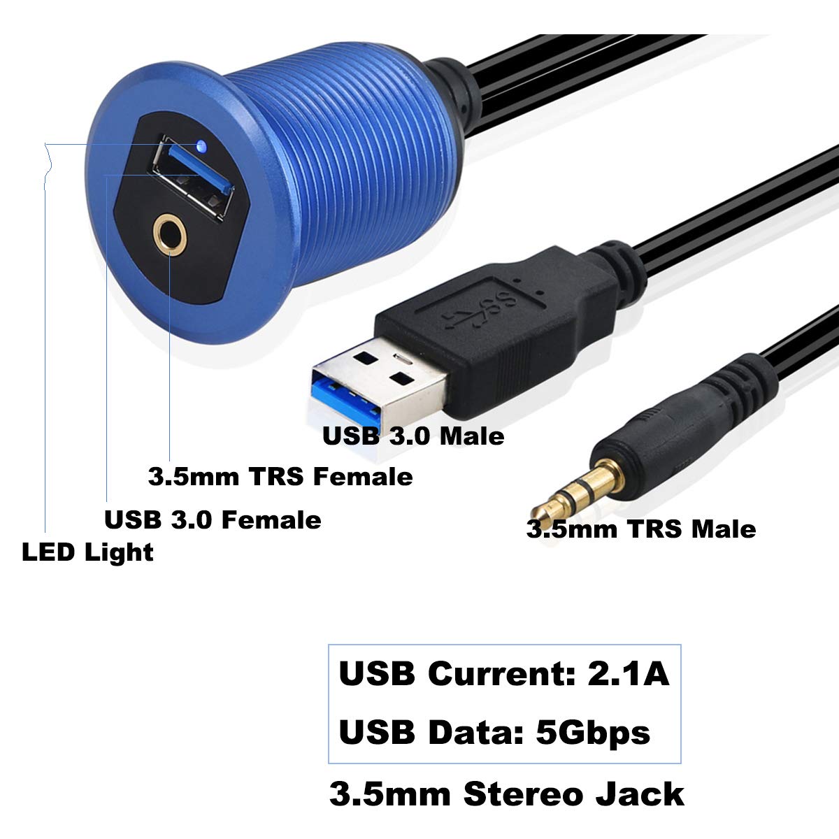 Kework Metal Usb 3.0 Port & 3.5Mm Jack Mount With Light, 3.3Ft Usb & 3.5Mm Male To Usb & 3.5Mm Female Flush Mount Panel Mount Ex