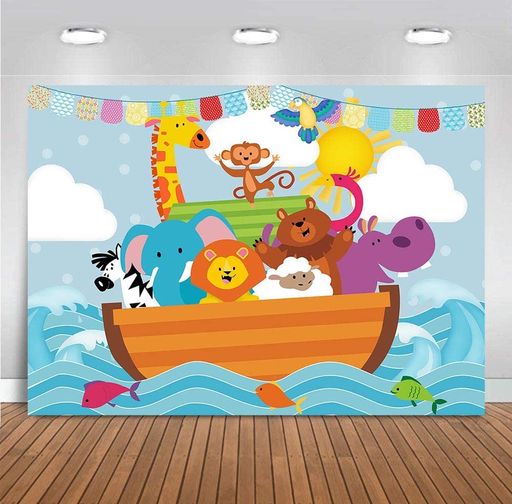 Cartoon Noah'S Ark Sea Photography Backdrops Vinyl 7X5Ft Wild Safari Animals Zoo Photo Backgrounds Baby Shower Party Banner Deco