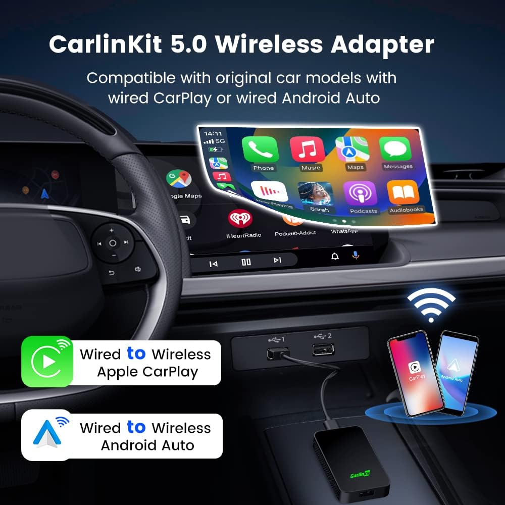 Carlinkit 5.0 Wireless Carplay Adapter Converts Wired Carplay To Wireless/Wired Android Auto To Wireless Cpc200 2Air Wireless Android Auto Adapter Plug & Play Auto Connect No Delay Online Update