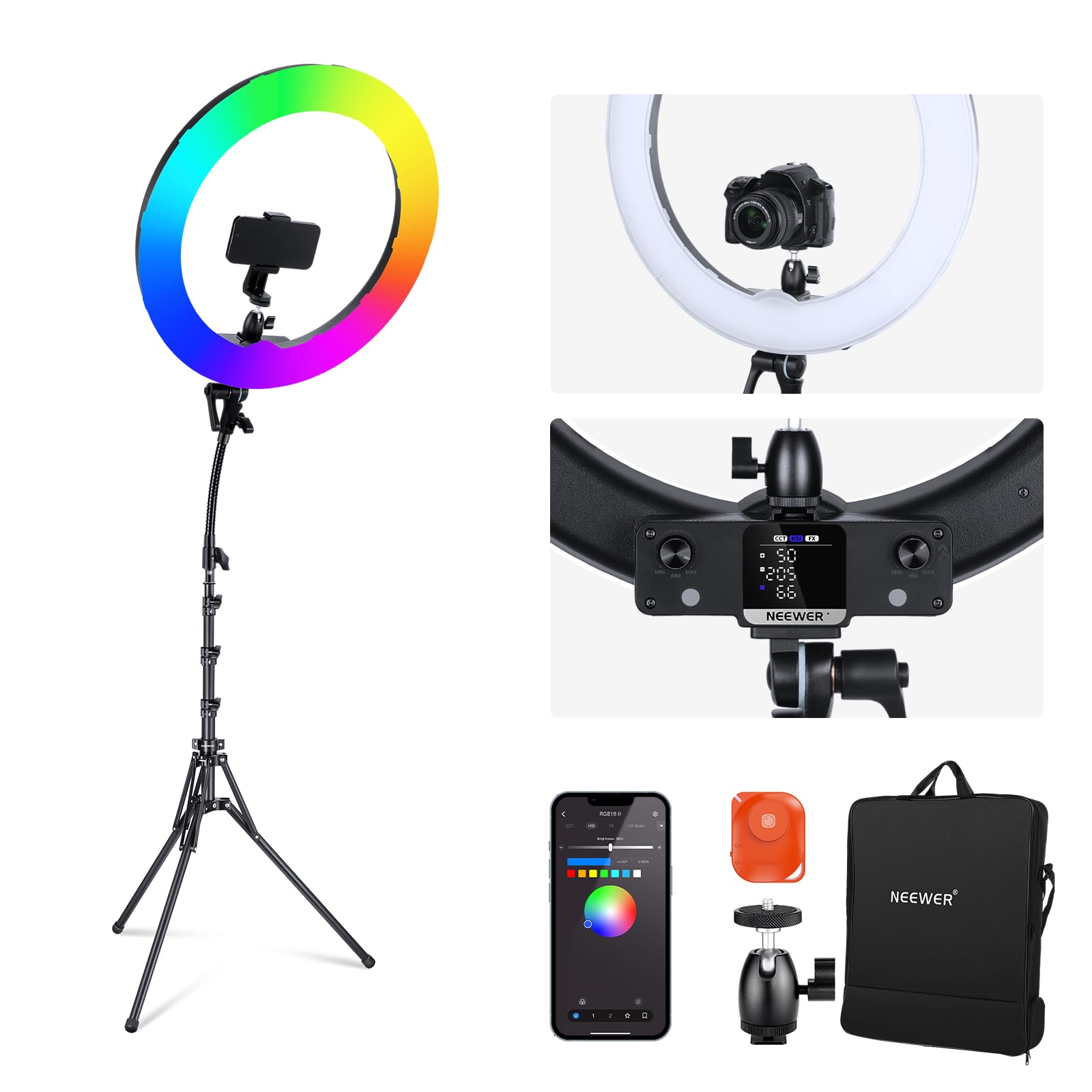 Neewer 18 Inch Rgb Led Ring Light App Control With Stand And Phone Holder, 42W Dimmable 2500K 10000K Gm50 Bi Color Cri97+/Tlci98