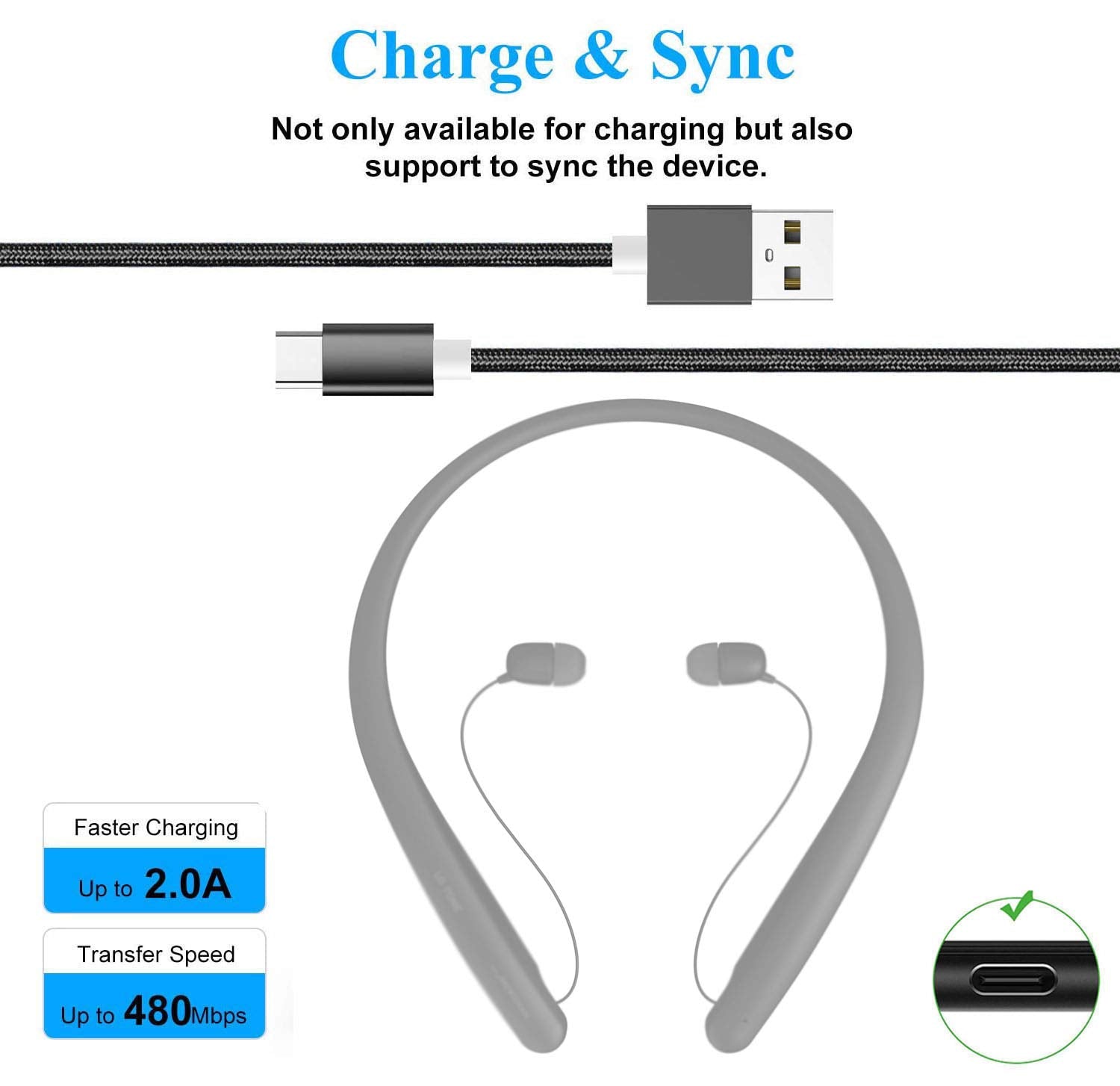 Akingdleo Replacement Usb C Charging Cable For Lg Tone Style Hbs Sl5/Hbs Sl6S/Hbs Xl7 Stereo Headset (5Ft Black)