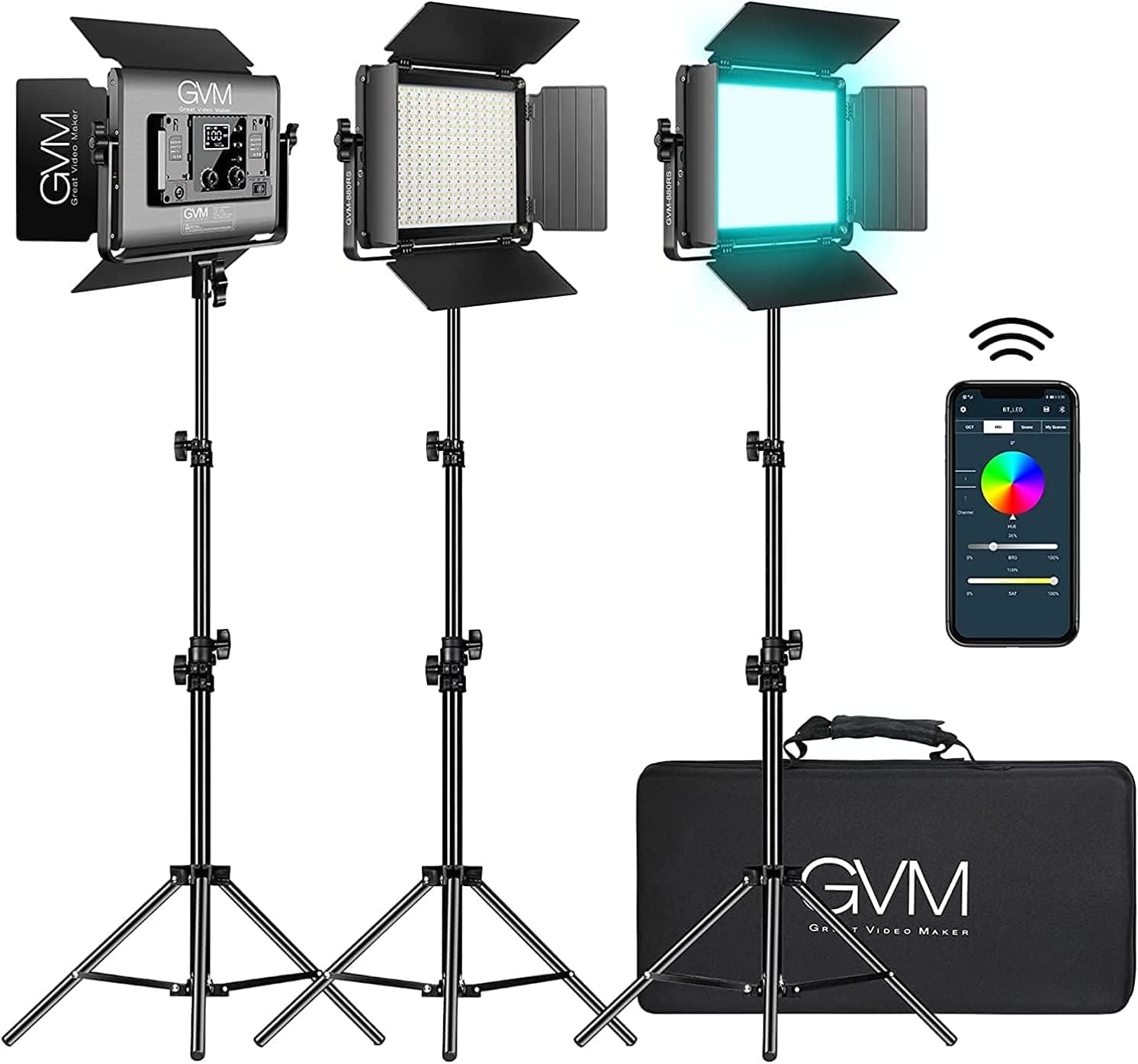 Gvm Rgb Led Video Light With Bluetooth Control, 880Rs 60W Photography Lighting Kit Dimmable Led Panel With Lcd Screen, 3 Packs S
