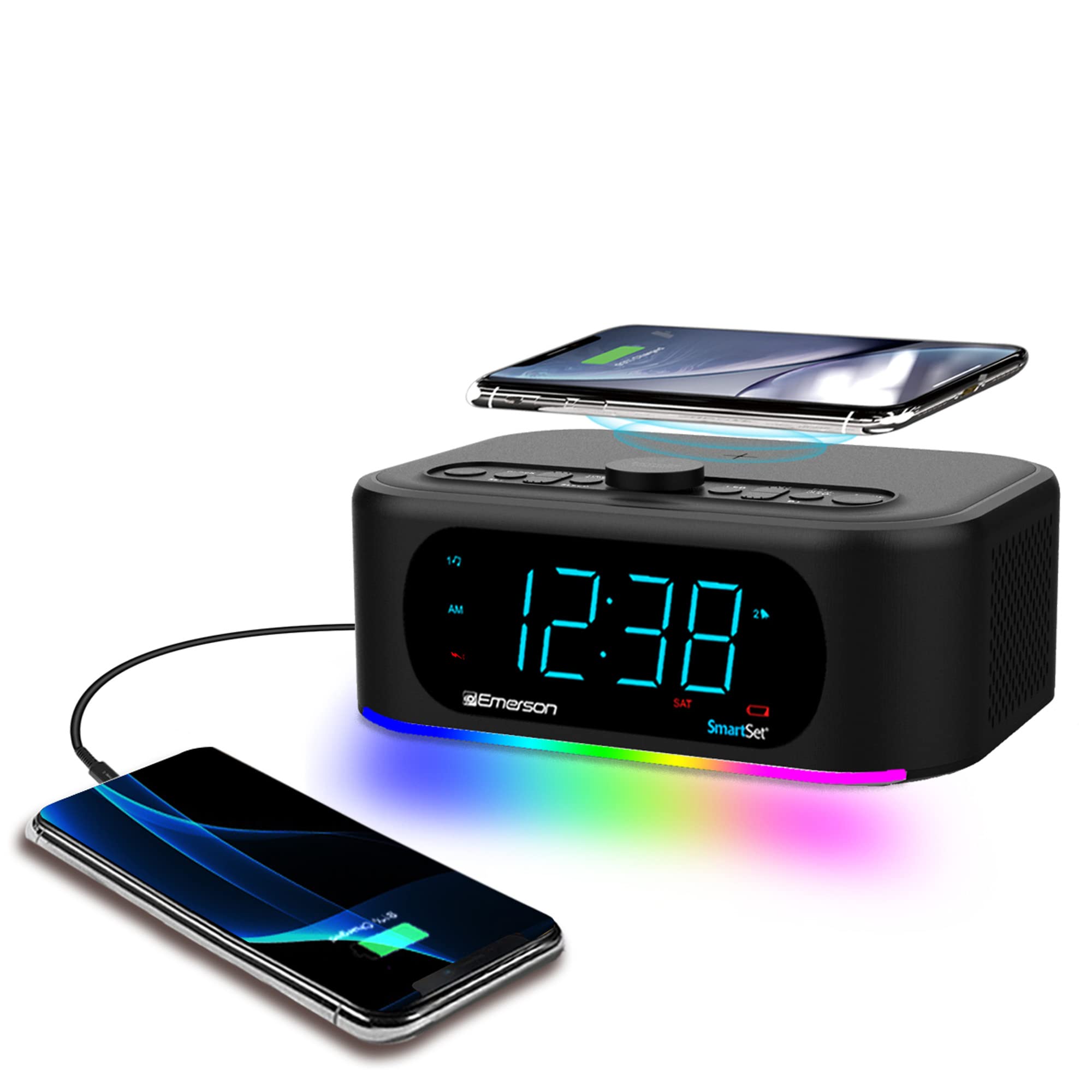 Emerson Smartset 7 Color Bluetooth Speaker   10W Stereo Sound, 15W Wireless Charging, And Led Lights Changing To Music,Black