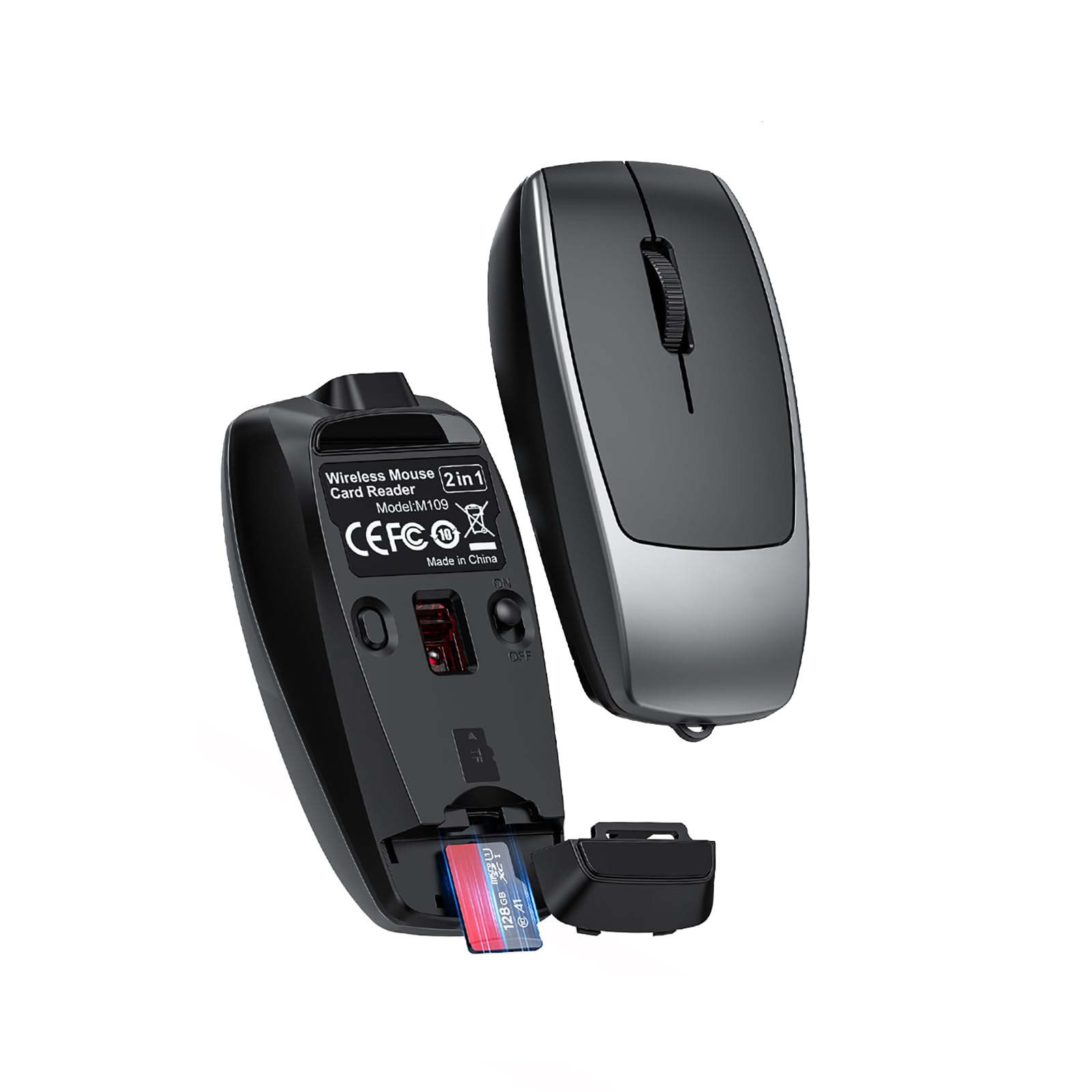 Mini Bluetooth Mouse Rechargeable with TF Card Reader (Max 2TB),Great idea for Kids,Travel and Gift-Gray