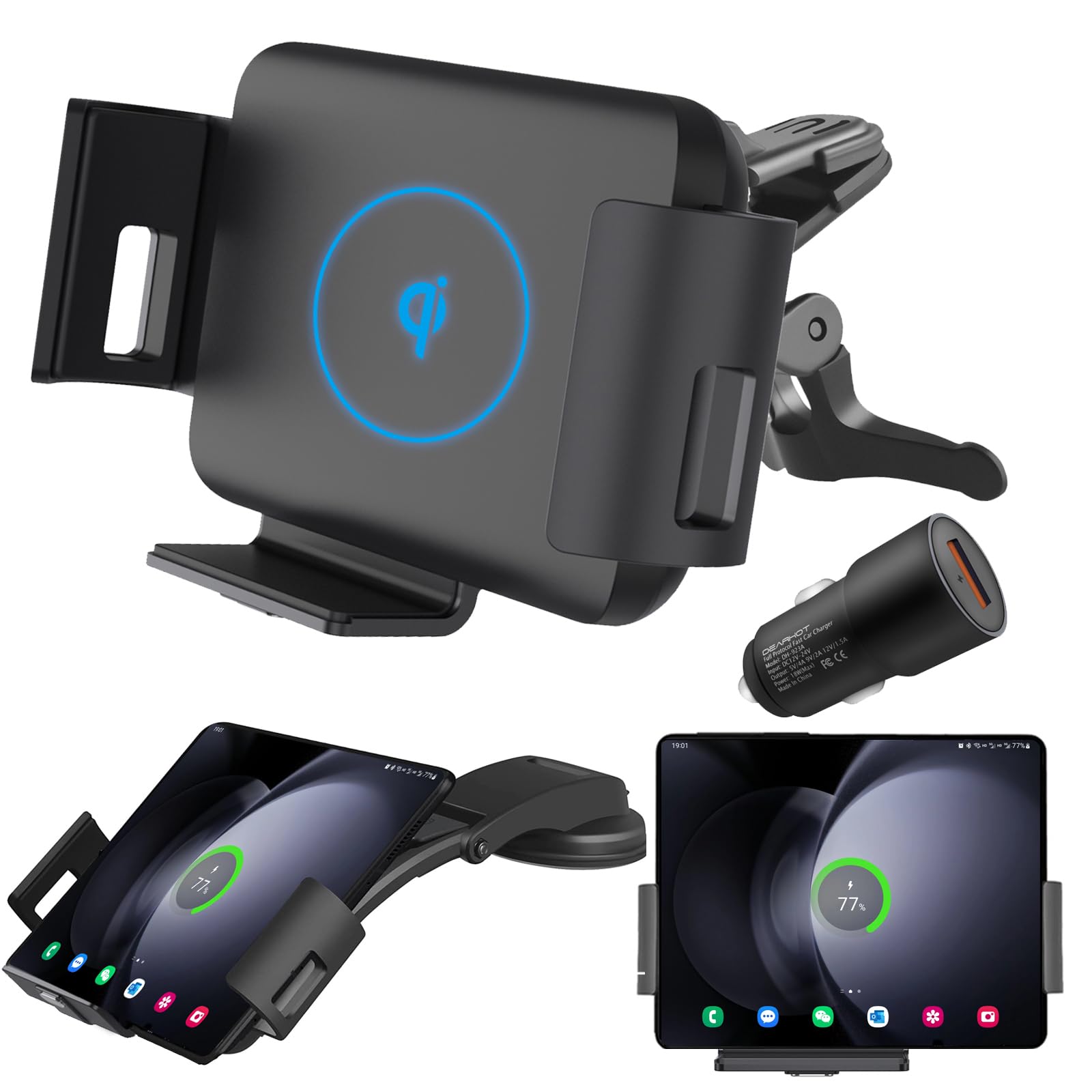 Dearhot 15W Qi Wireless Car Charger Mount Holder Compatible For Samsung Galaxy Z Fold6 Fold5 Fold4 Fold3 Fold2 Fold 4.3In-6.9In 