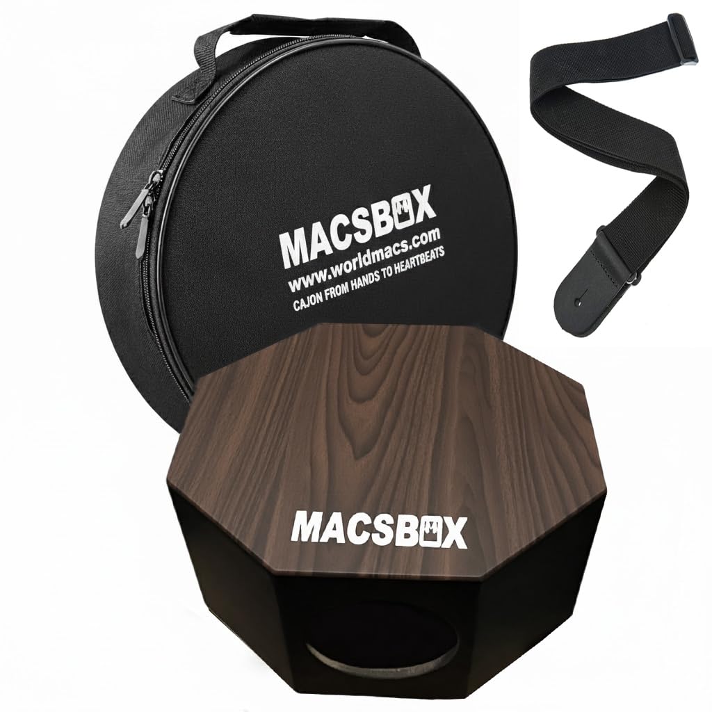 Worldmacs MACSBOX Portable Cajon, 12 Inches, 2 Sided Playable, Heavy Bass and Treble, Wood Grain WRAP, with Carry Cover and Stra