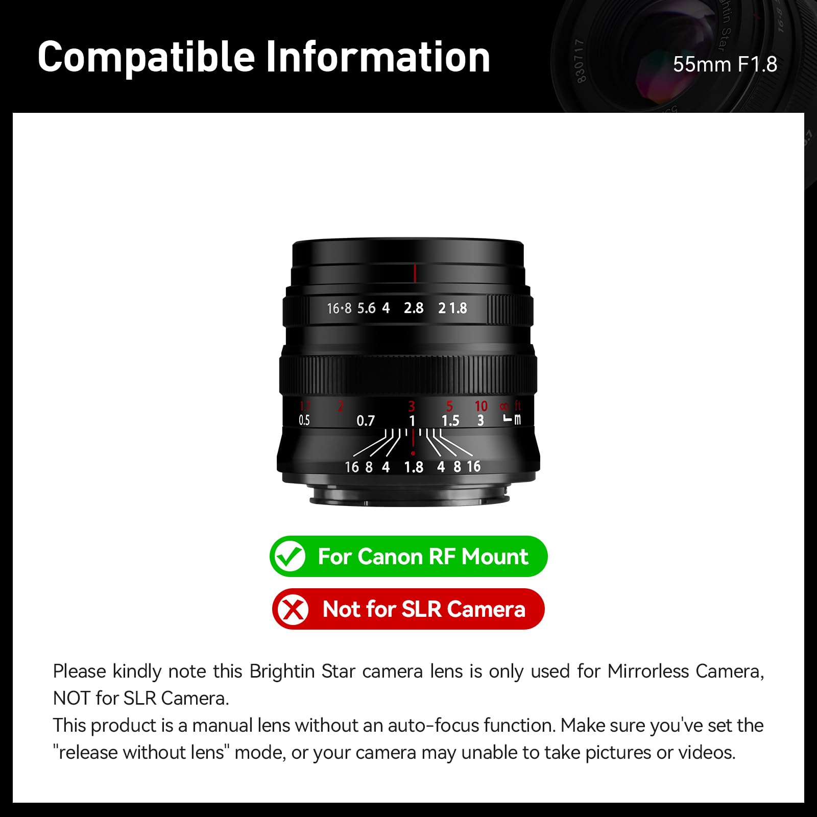 Brightin Star 55Mm F1.8 Full Frame Manual Focus Mf Large Aperture Prime Standard Fixed Focal Lens, Fit For Canon Rf Mount Eos Rp