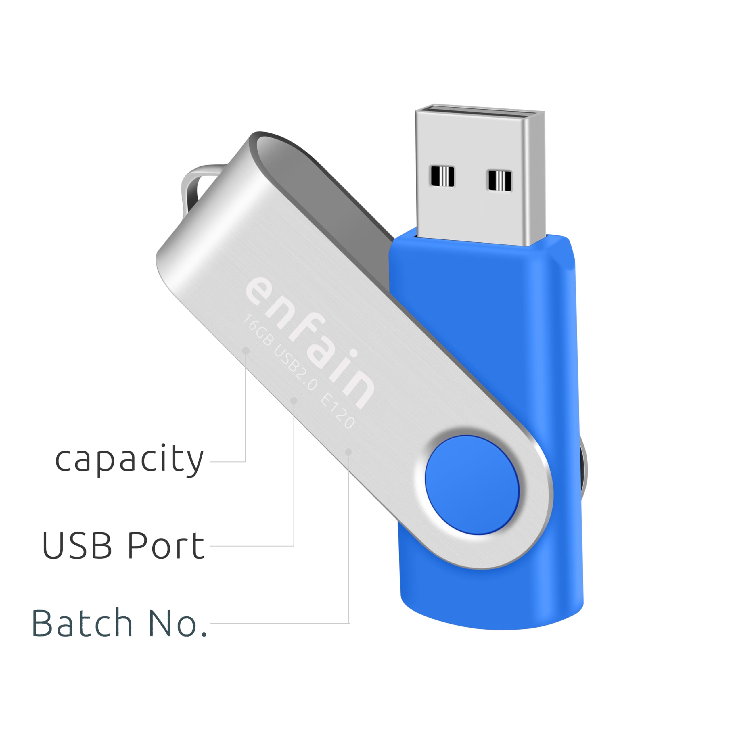 Enfain 16Gb Usb 2.0 Flash Drives Blue Memory Stick Swivel Thumb Drives 16 Gb Jump Drives With Led Indicators 10 Pack, With 12 X