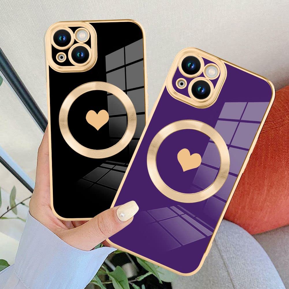 Tharlet Magnetic For Iphone 14 Plus Case [Compatible With Magsafe] Cute Love Luxury Plating Edge Bumper Case With Full Camera Le