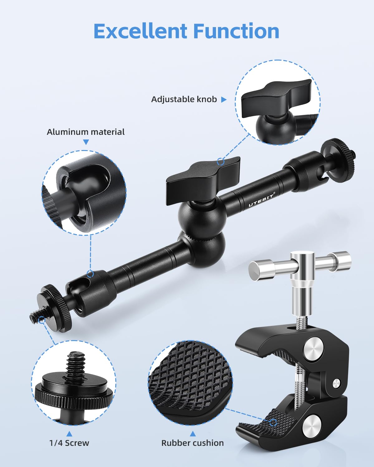 Utebit Adjustable Magic Arm With Super Clamp,9 Inch With 1/4' And 3/8' Thread,Articulating Arm Clamp Friction Power Arm Crab Screw Kit For Lcd Monitor, Led Light, Flash Light, Camera Rig