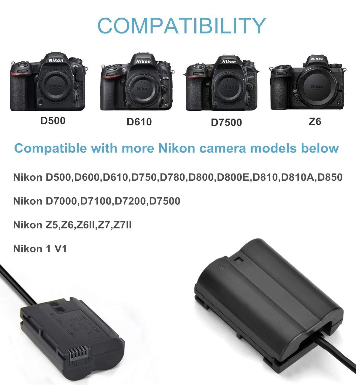Kimaru Eh 5B Ac Power Adapter Ep 5B Dc Coupler En El15 Dummy Battery Kit For Nikon D7500 D7200 D7000 D7100 Z6 Z7 D750 D780 D800 D600 Z5 D500 Z6Ii Z7Ii Z8 D810 D610 D800E D810A D850 1V1 Cameras.