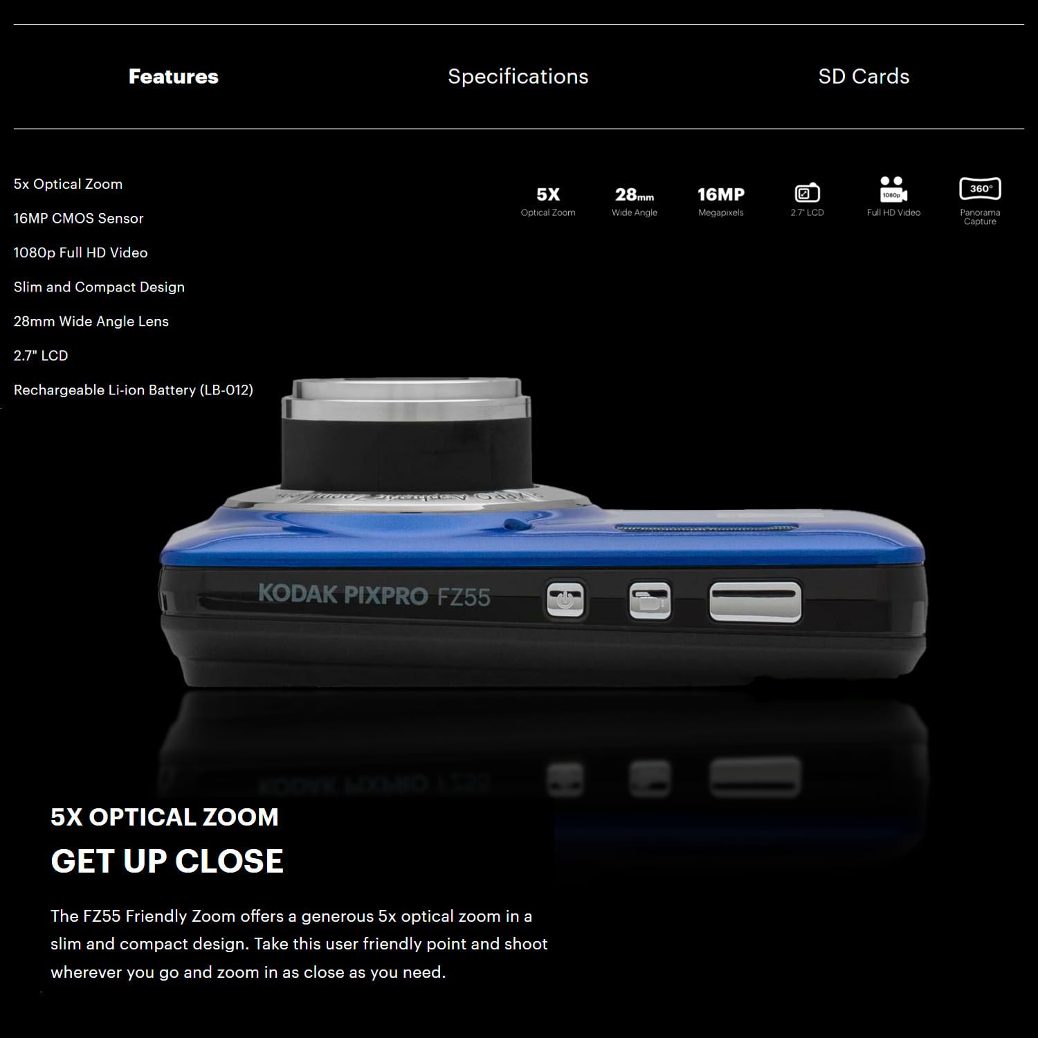 Kodak Pixpro Friendly Zoom Fz55 Digital Camera (Blue) Bundle With 32Gb Memory Card And Digital Camera Lcd Screen Protectors (3 I