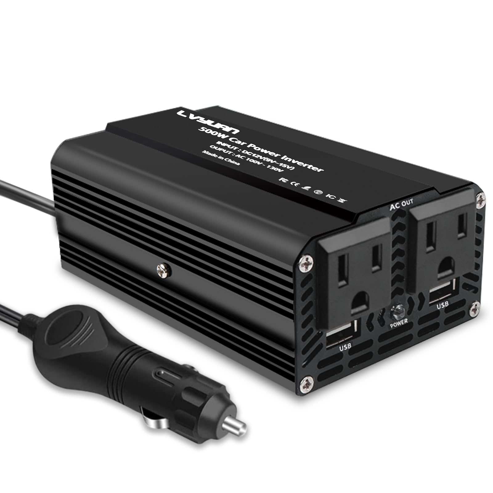 500W Car Power Inverter, Lvyuan Car Outlet Adapter Dual Usb Power Inverter For Vehicles Dc 12V To 110V Ac Car Converter With Dis