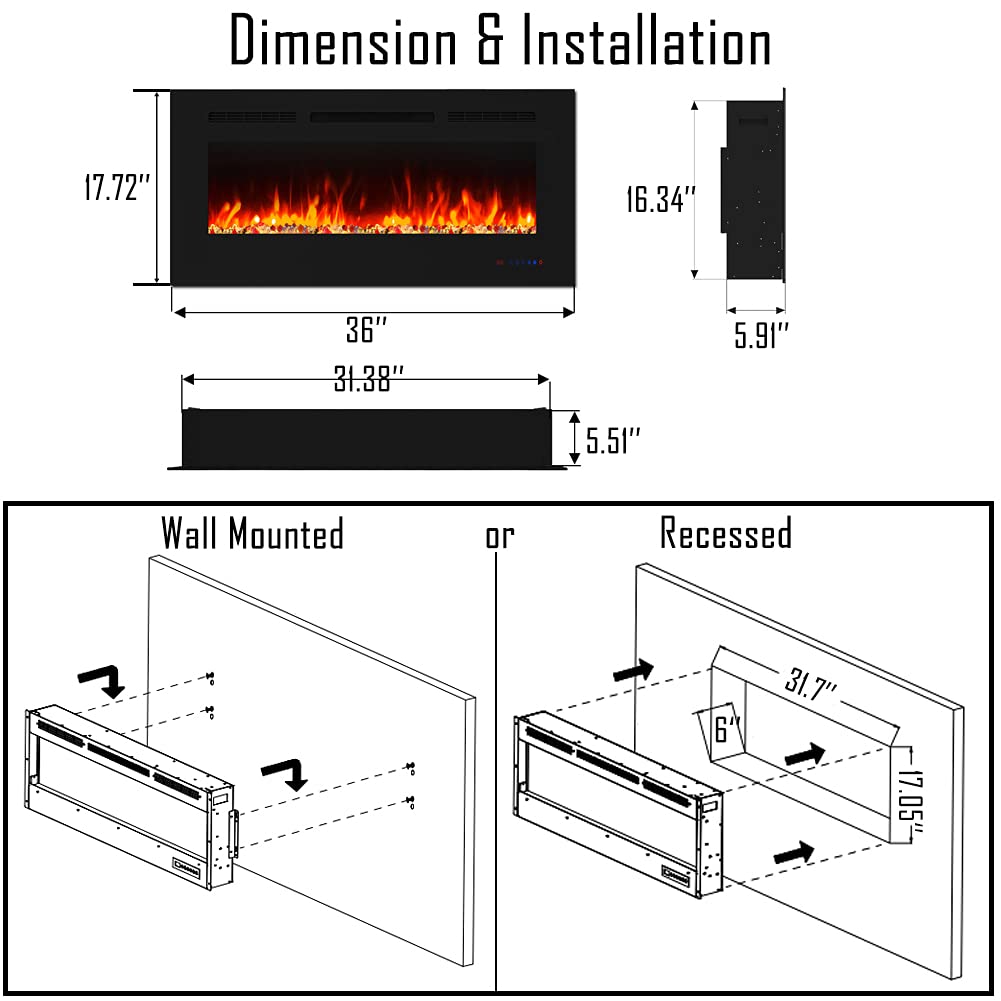 Cheerway 36 Inch Wall Mounted &Recessed In Wall Electric Fireplace With Heater, Linear Wall Fireplace W/Thermostat, Adjustable F