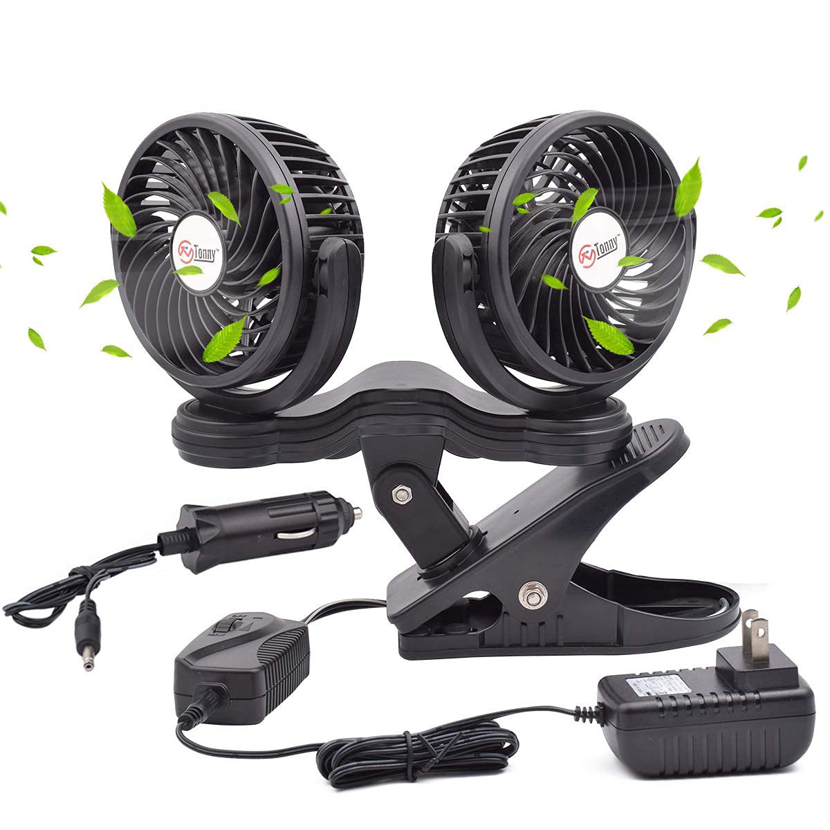 Brushless Motor Dual Head Clip Fan, Dc 12V Ac 110V 4 Inch Clip On Fan For Car And Home, 7 Blades Air Cooling Dual Head Fan With