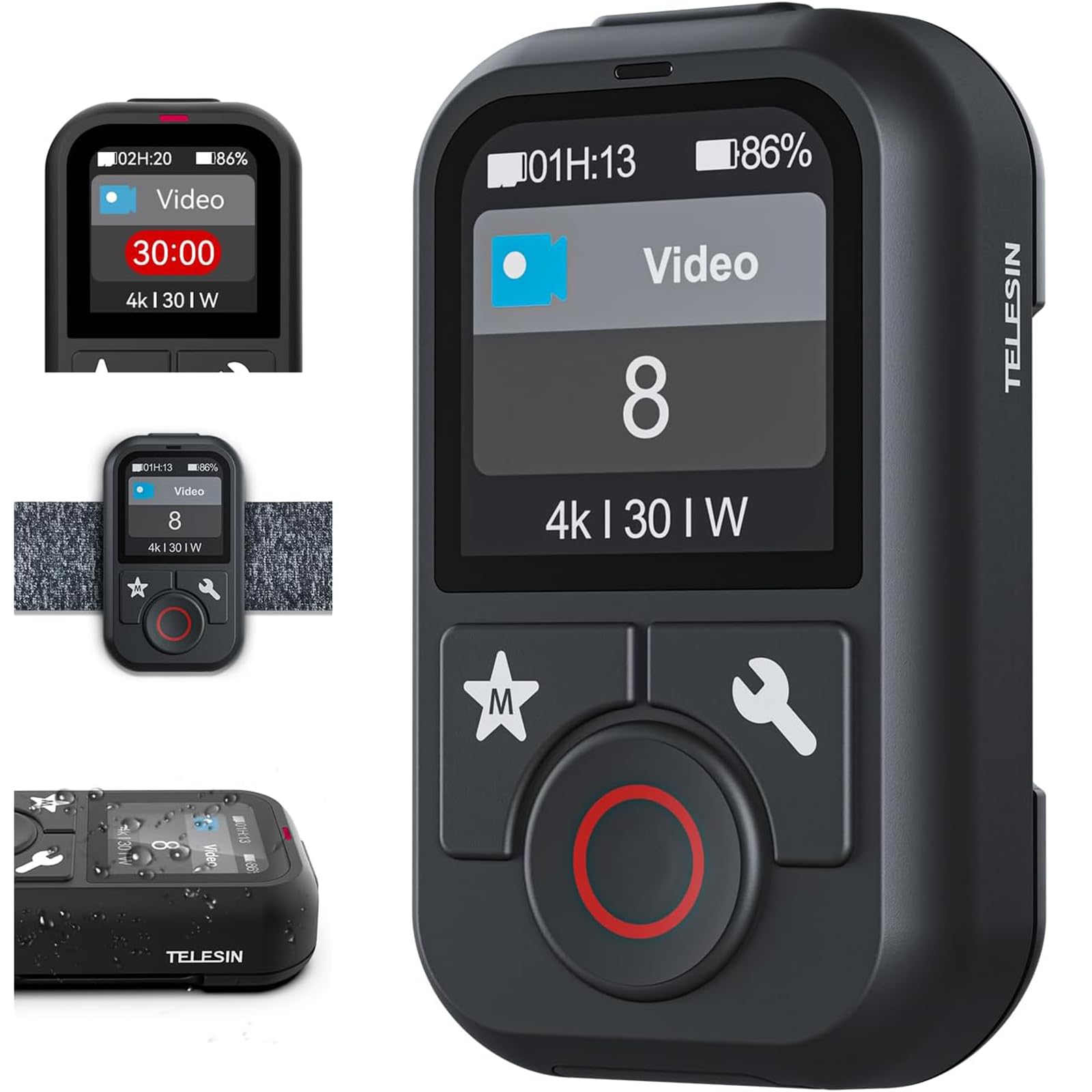 TELESIN T13 Waterproof Smart Remote Control with Color LCD Screen, 5-60m Wireless Remote with Wrist Strap, Compatible with GoPro