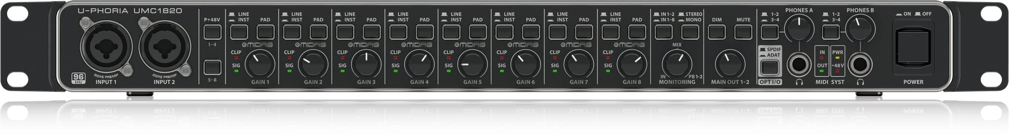 Behringer U-PHORIA UMC1820 Audiophile 18x20, 24-Bit/96 kHz USB Audio/MIDI Interface with Midas Mic Preamplifiers
