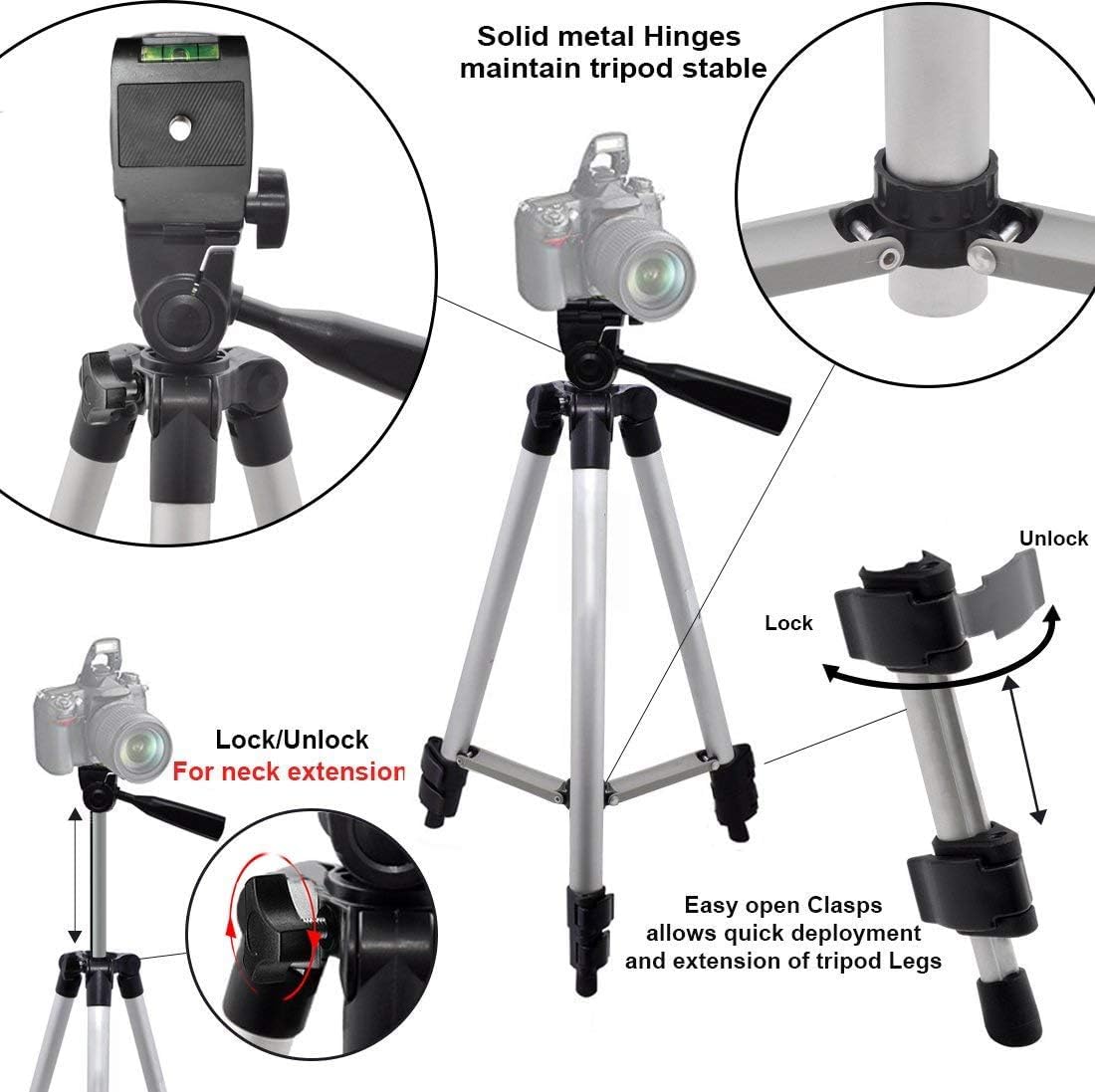 50 Aluminum Camera Tripod With Built In Bubble Level Indicator For All Gopro Hero Cameras + Tripod Mount & An Ecostconnection Mi