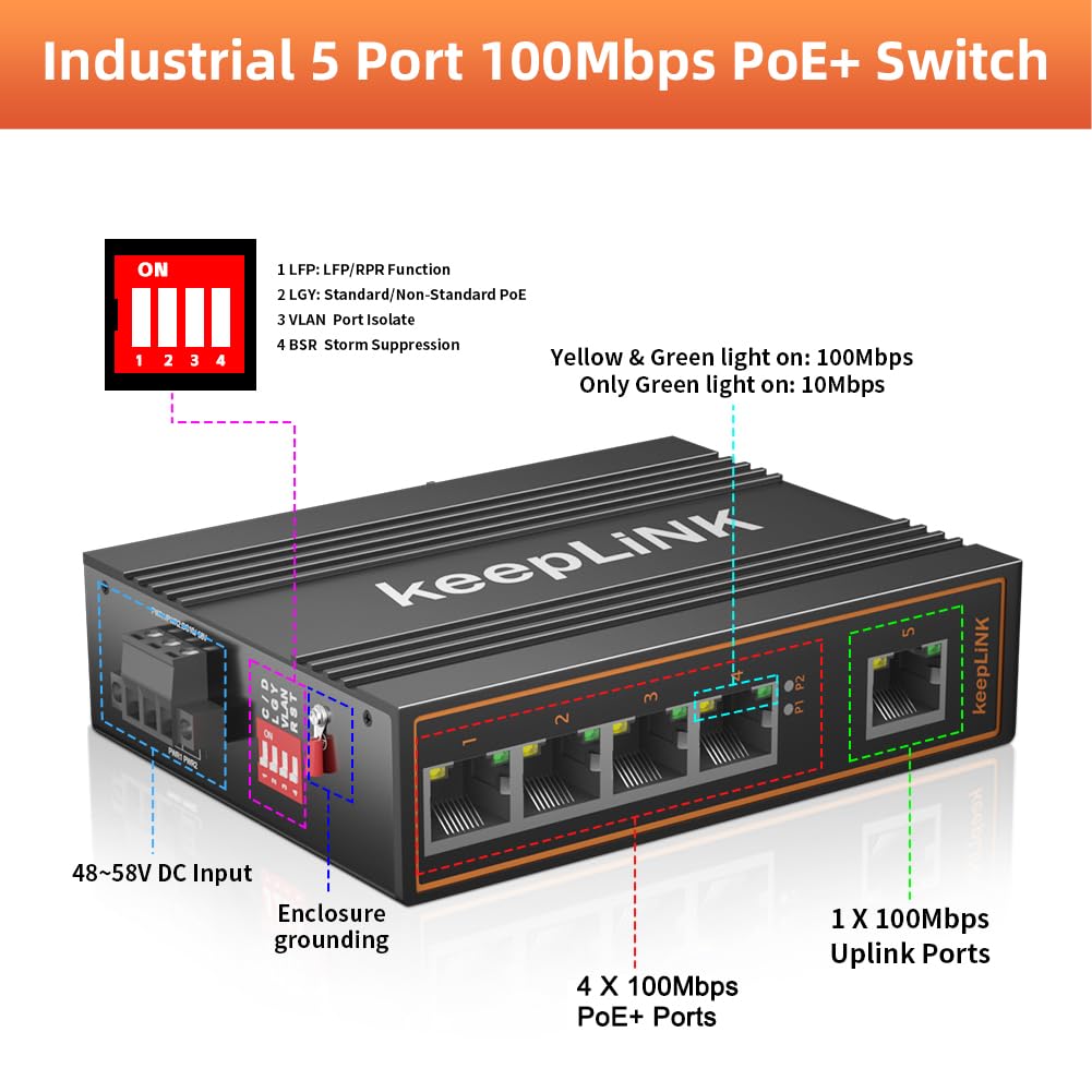 Keeplink 5 Port Industrial Poe Switch Unmanaged, 125W Fast Ethernet Din Rail Switch, Ip40, Operating Temperature Range Of  30