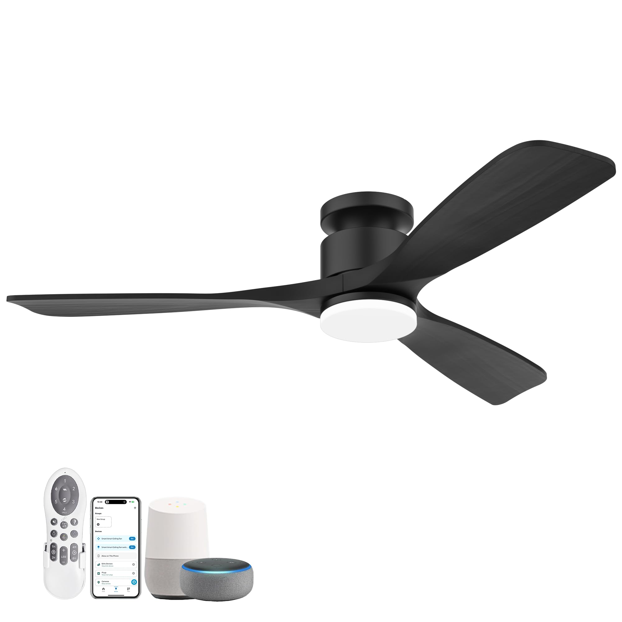 52 Inch Smart Low Profile Ceiling Fan,Solid Wood Ceiling Fan With Lights Remote,Outdoor Indoor Flush Mount,Wifi Alexa App Contro