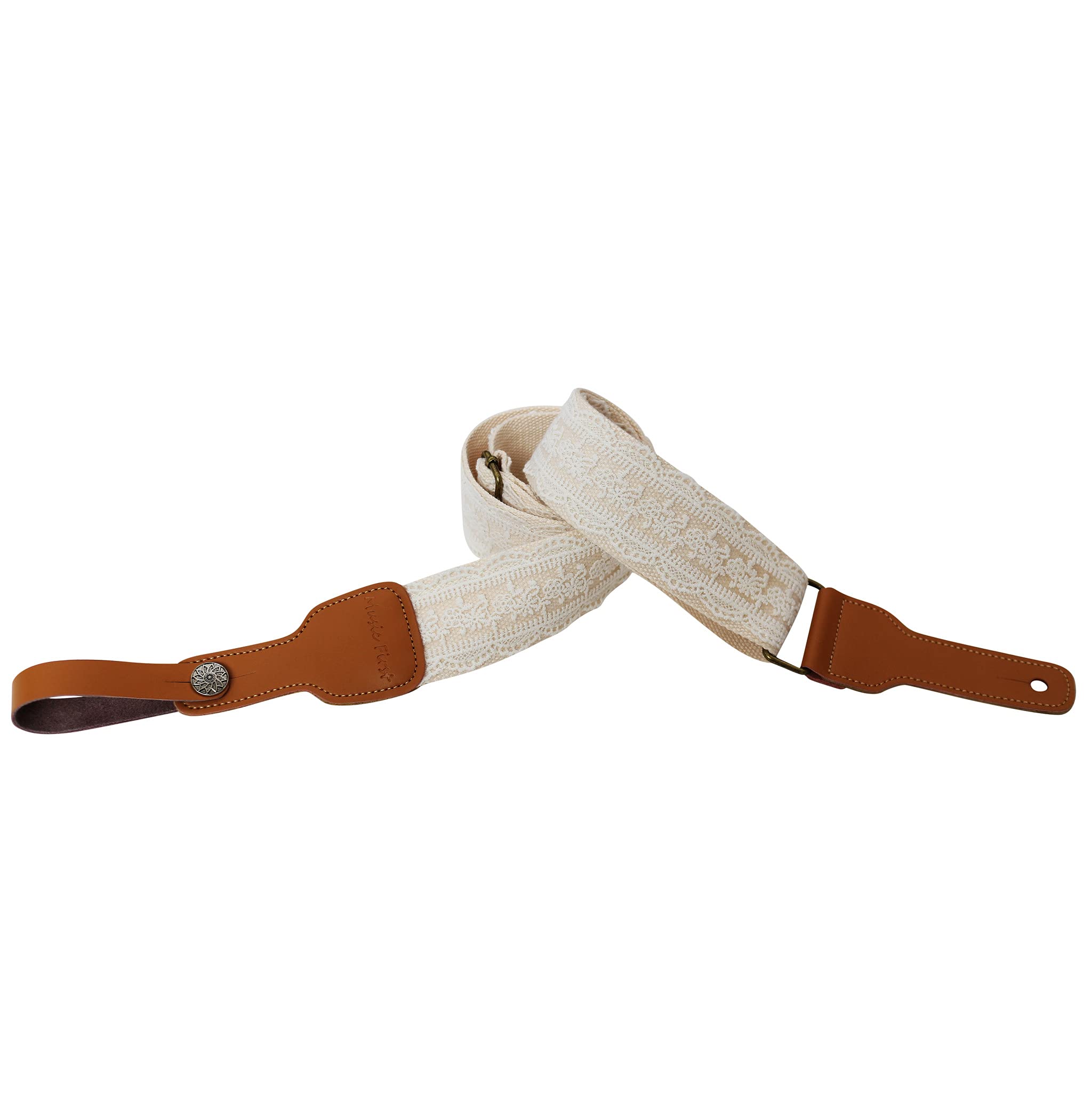 Music First Original Design, 2 Inch Width (5Cm), White Graceful & Vintage Lace Soft Lace & Genuine Leather Delux Guitar Strap, E