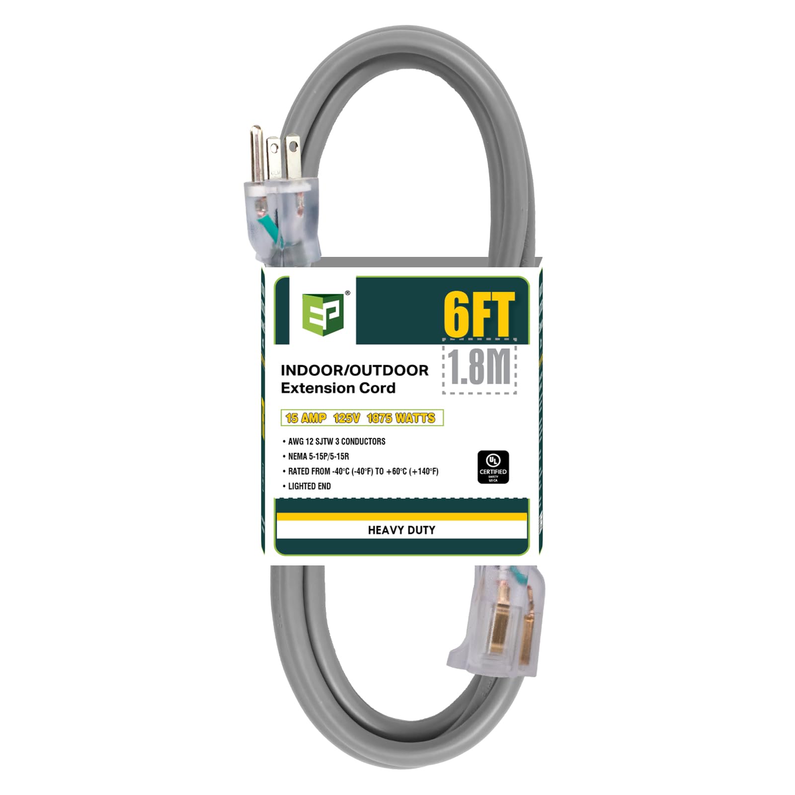 Ep 6 Ft Lighted Outdoor Extension Cord   12/3 Sjtw Heavy Duty Grey Extension Cable With 3 Prong Grounded Plug   Power Cord For L