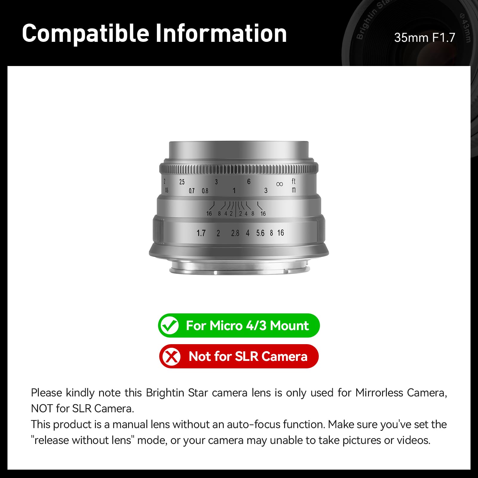 Brightin Star 35Mm F1.7 Large Aperture Aps C Manual Focus Prime Fixed Mirrorless Camera Lens, Fit For Panasonic Olympus Micro4/3