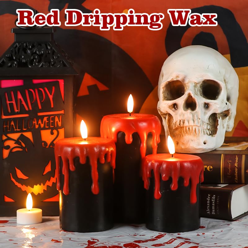 Lasumora Halloween Black Flameless Pillar Candles Flickering With 6H Timer, Battery Operated Led Pillar Candle, 3 Pcs Drip Wax S