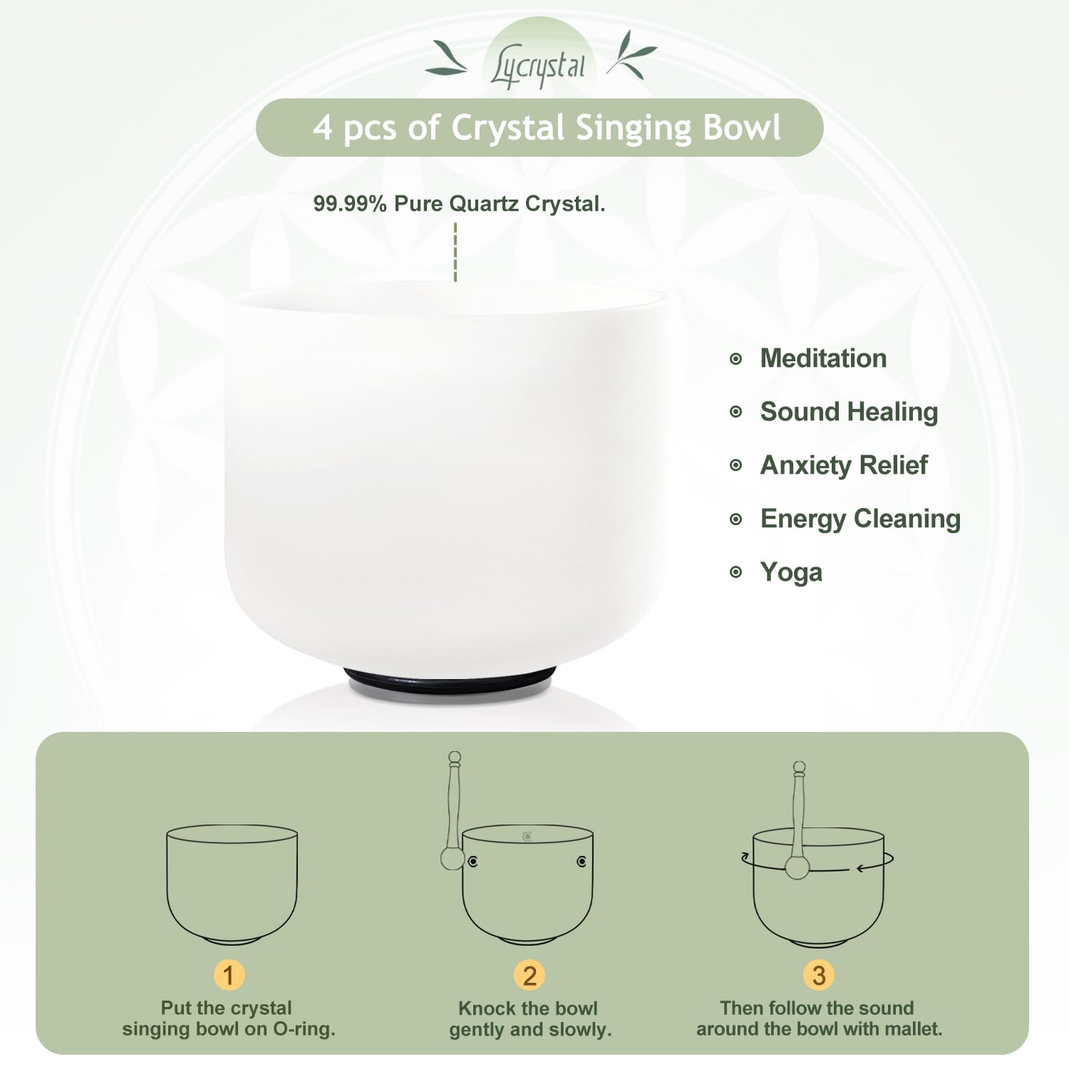 Lycrystal Singing Bowl Set Of 4 Pcs 6'' A Note 8'' F Note 10'' G Note 12'' C Note Frosted Chakra Quartz Crystal Sound Bowls With