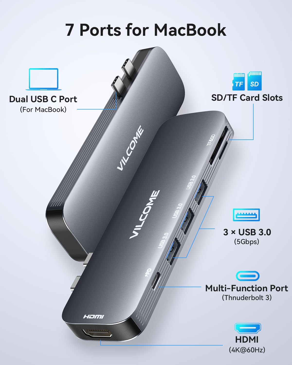 Vilcome Usb C Adapter For Macbook Pro/Air M1 M2 M3 2023 2022 2021 2020 2019, 7 In 2 Usb C Hub Macbook Pro Accessories With Thund