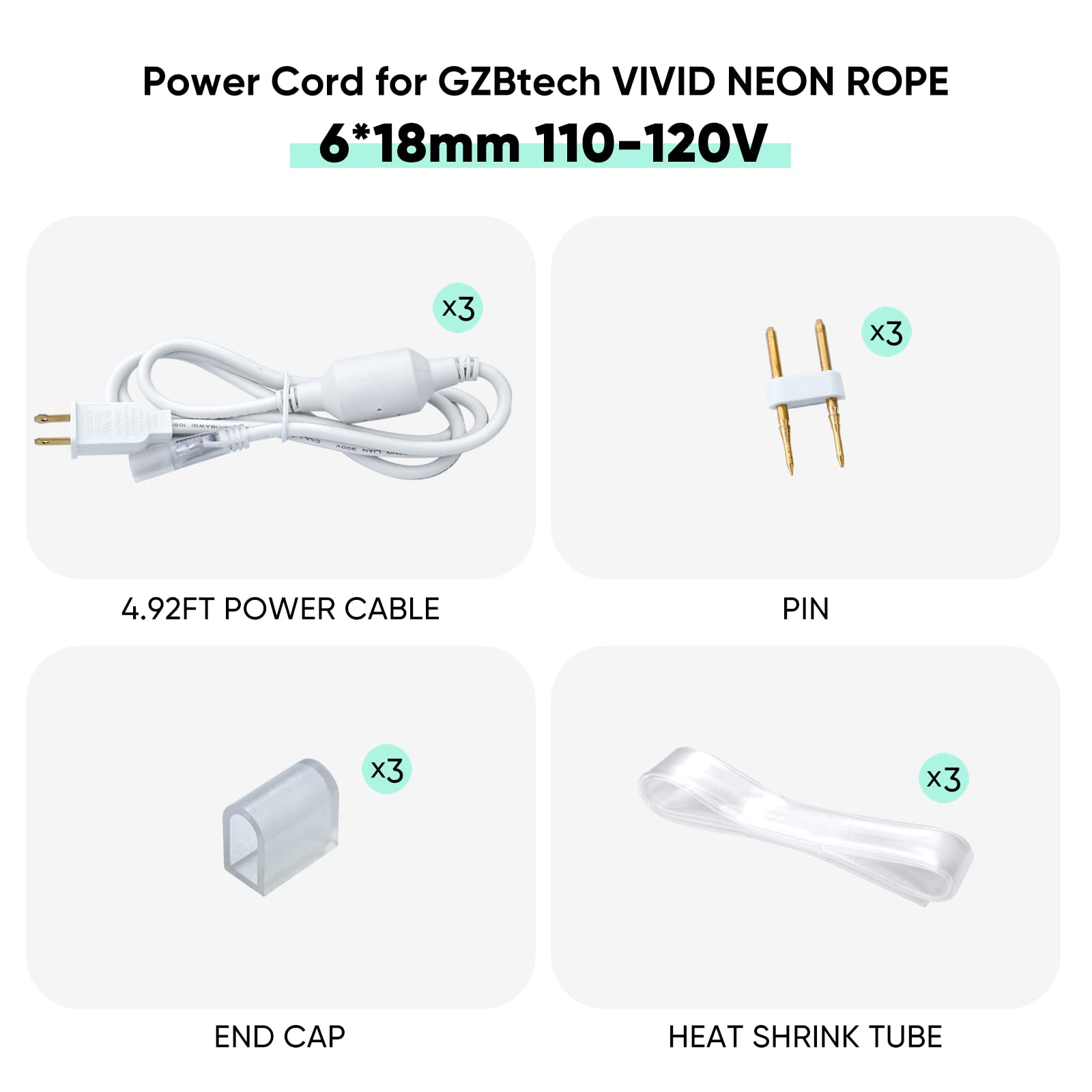 Gzbtech 4.92Ft Power Cord Connector Kit For 8 * 16Mm Led Neon Rope Light,With Pins & End Cap & Heat Shrink Tube Set Of 3