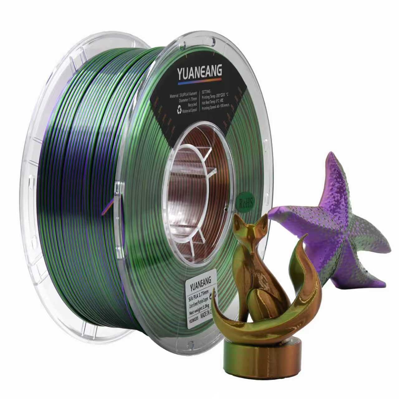 YUANEANG SilkTriple-Color PLA Filament 1.75mm Green-Purple-Copper, 0.03mm Precision, 1kg Spool (2.2 lbs), Smooth Multi-Tone Grad