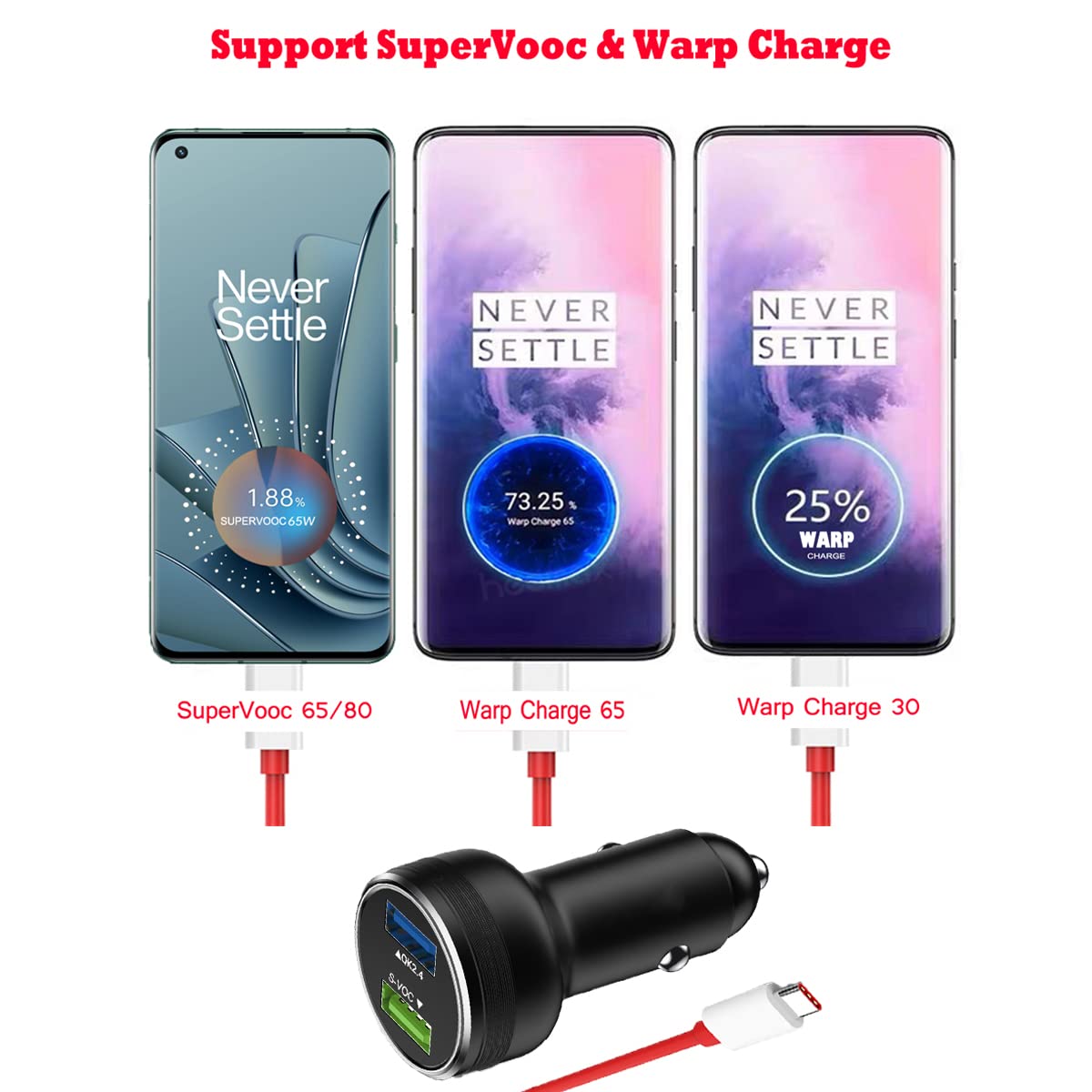 Warp Charge 30W 65W Car Charger Supervooc For Oneplus 12 12R 11 10 9 Pro Open 9R 8T 10T 8 7T Nord N20 N300 N10 N100 N200 N30 Se 5G Dash Charge Car Fast Charging One Plus 7 6T 6 Black