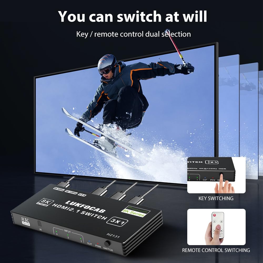 Hdmi 2.1 Switch 3 In 1 Out, Lukforcab 3 Ports Hdmi 2.1 Switch 4K 120Hz With Remote Control, 8K 60Hz, Hdcp 2.3, Hdr10,Cec, Auto S