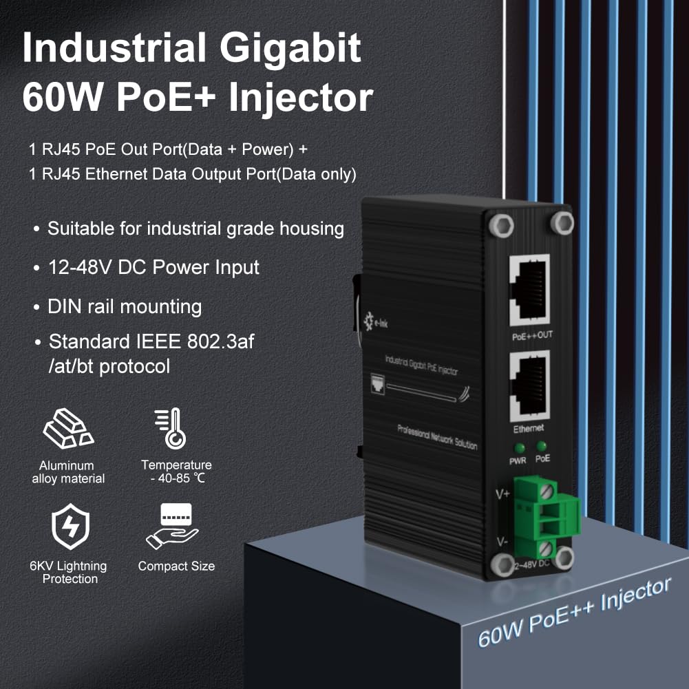 E Link Hardened Industrial Gigabit Poe++ Injector 48Vdc Input Poe++ 60W Up To 100 Meters Output Din  Rail Wall Mount  40C To 80C