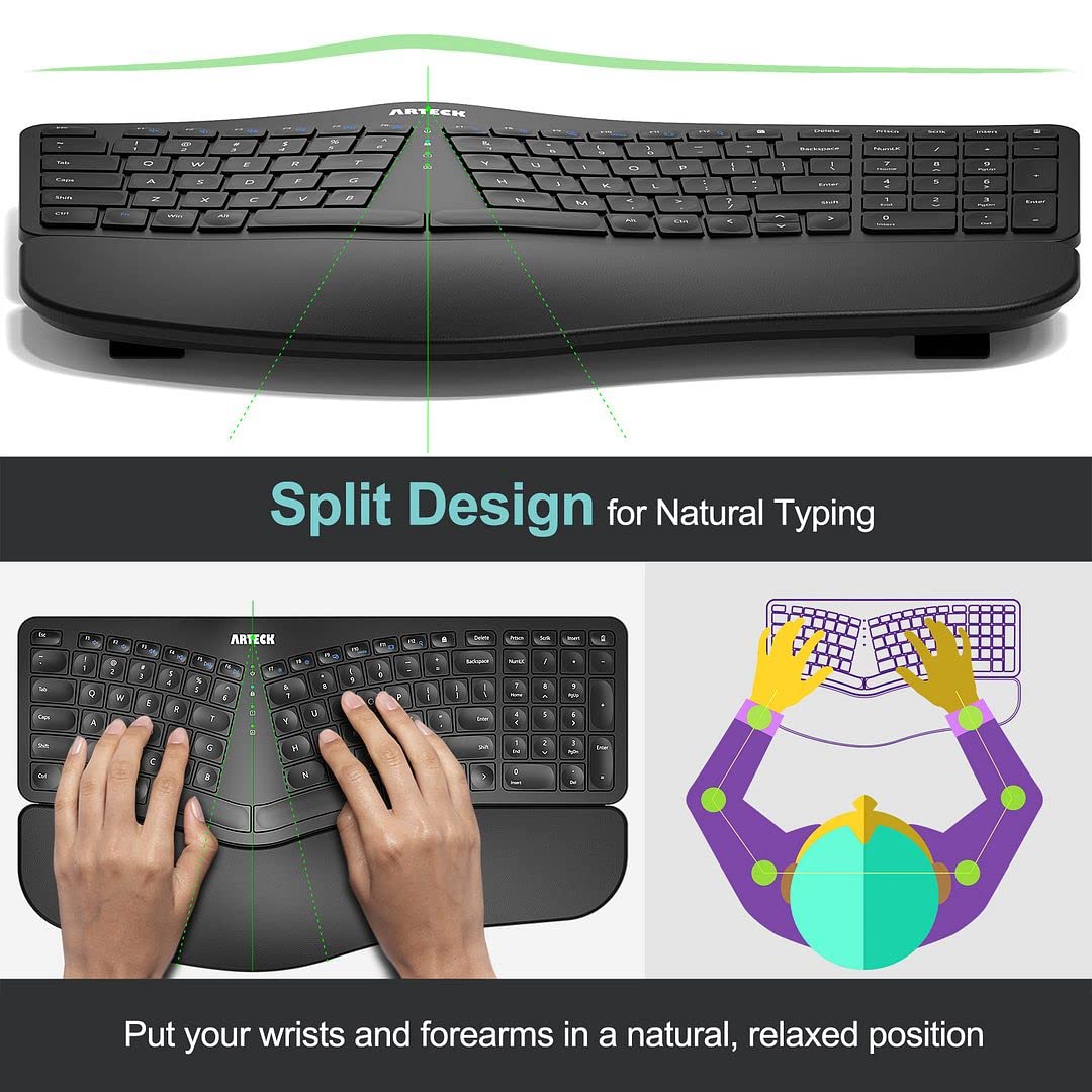Arteck Split Ergonomic Keyboard With Cushioned Wrist And Palm Rest, 2.4G Usb Wireless Comfortable Natural Ergonomic Split Keyboa