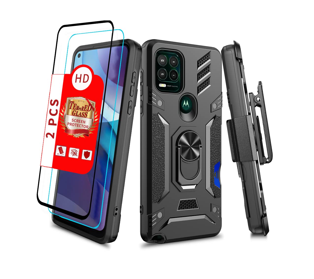 Shockproof Military Grade Drop Tested Phone Case With Ring Holster Belt Clip Card Holder Screen Protector Fits For Moto G Stylus