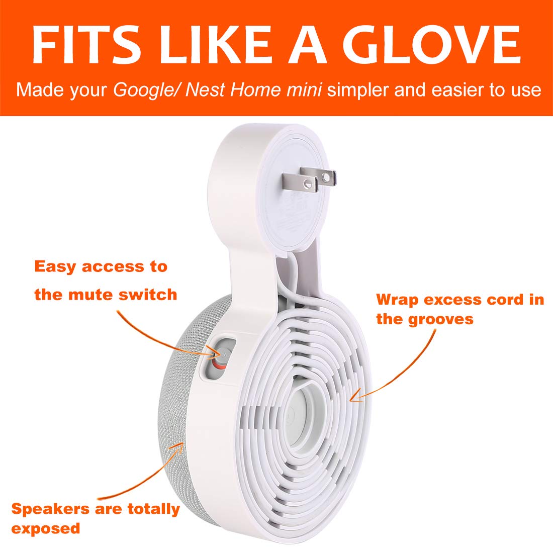 PEF Outlet Wall Mount Holder for Google Nest Mini - Cord Management, White, 2 Pack, Model GOMINI-2