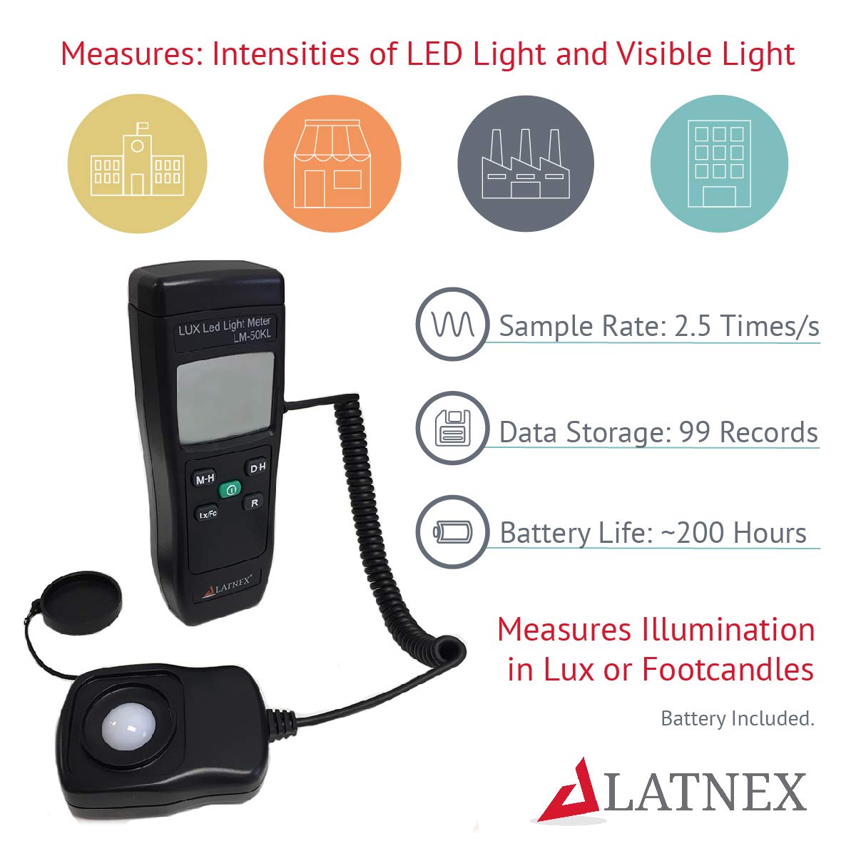 Latnex Light Meter Lm 50Kl Measures Lux/Fc   Led/Fluorescent, Industrial, Household, And Photography   Calibration Certificate I
