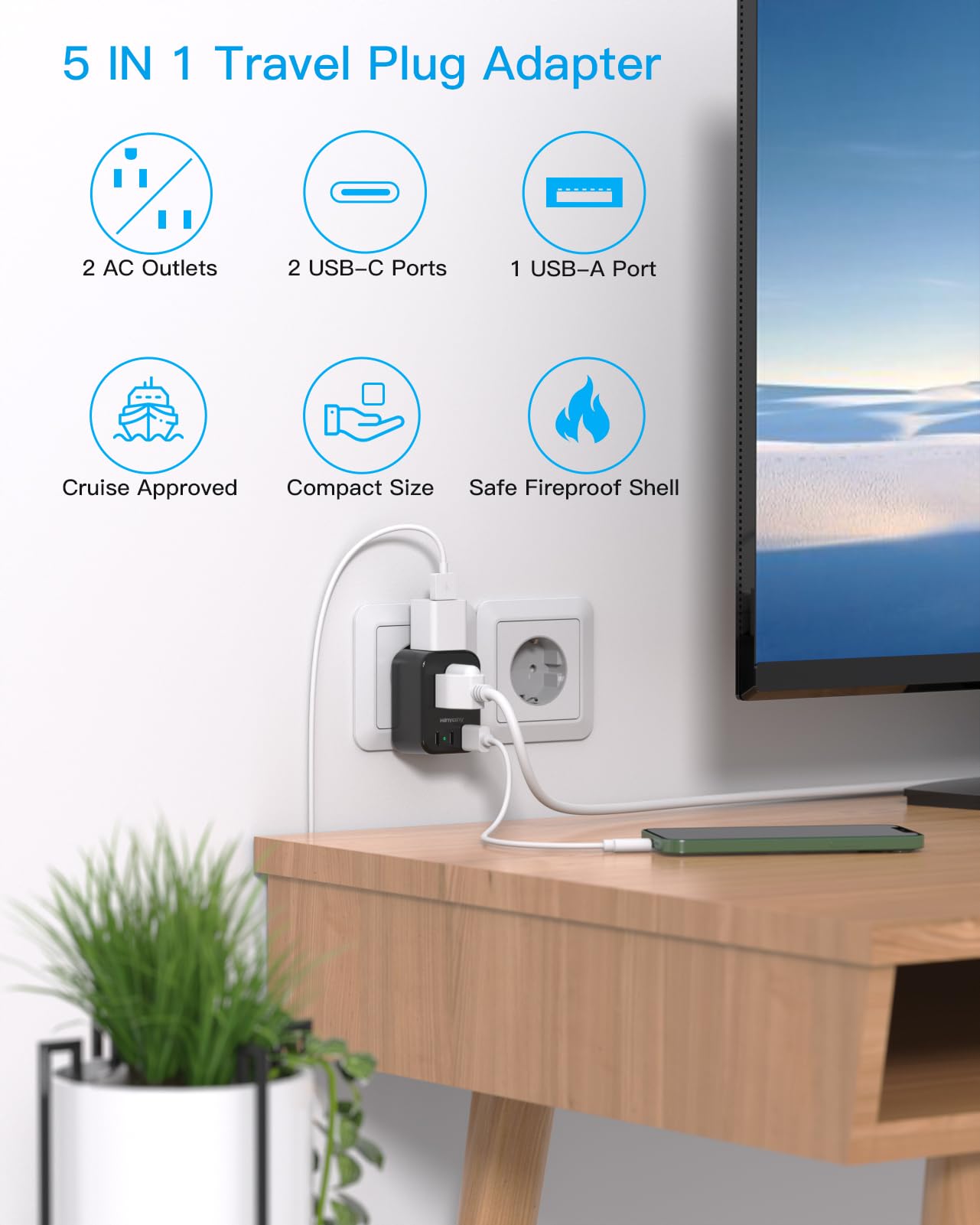 Type F Travel Plug Adapter, Germany France Type E Travel Power Adapter With 2 Outlets 3 Usb Ports(2 Usb C) For Us To Europe Eu S