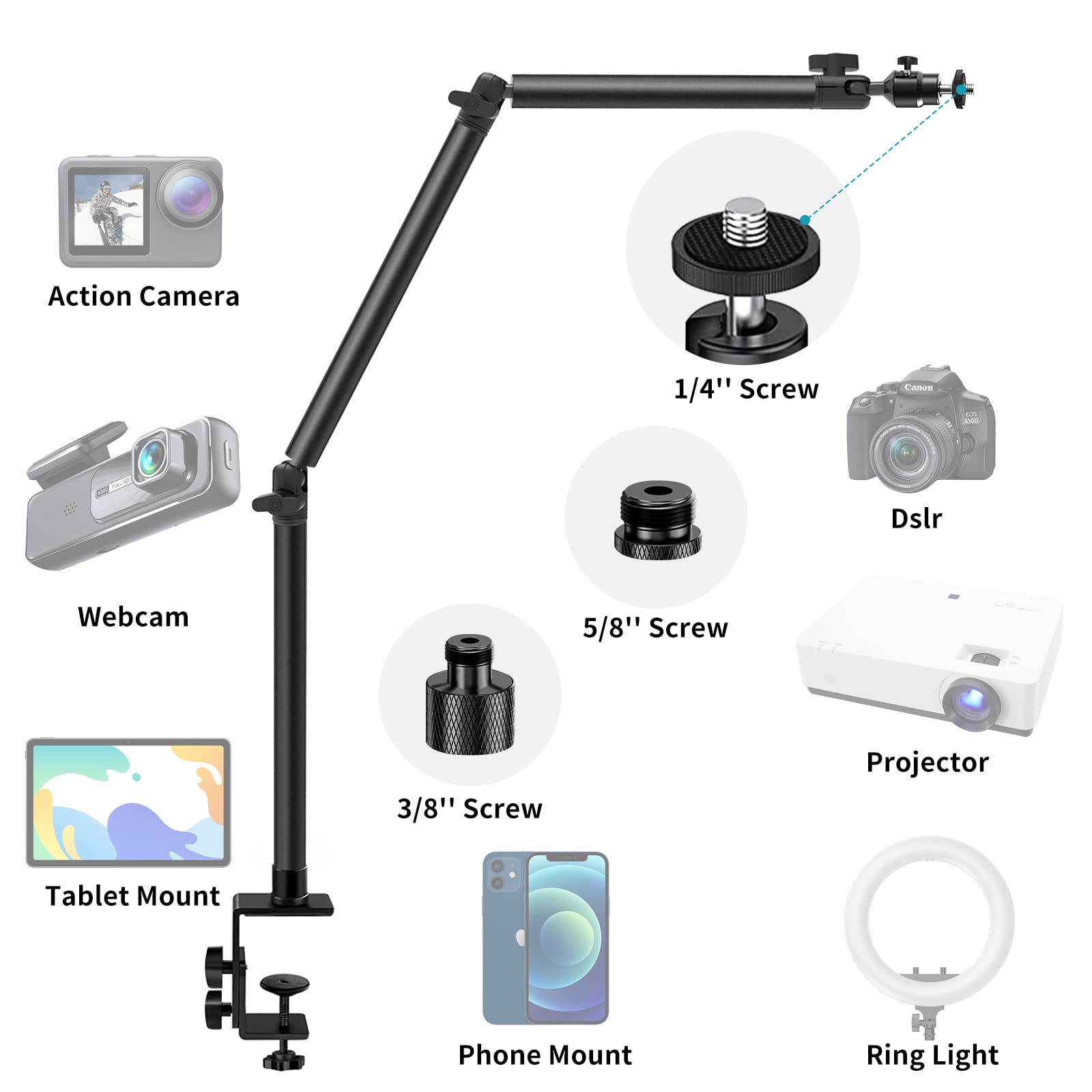 Obeamiu Overhead Camera Mount Desk Stand, Flexible Articulated Arm Dslr Desk Mount Light Stand Phone Holder With 1/4'' 3/8'' 5/8