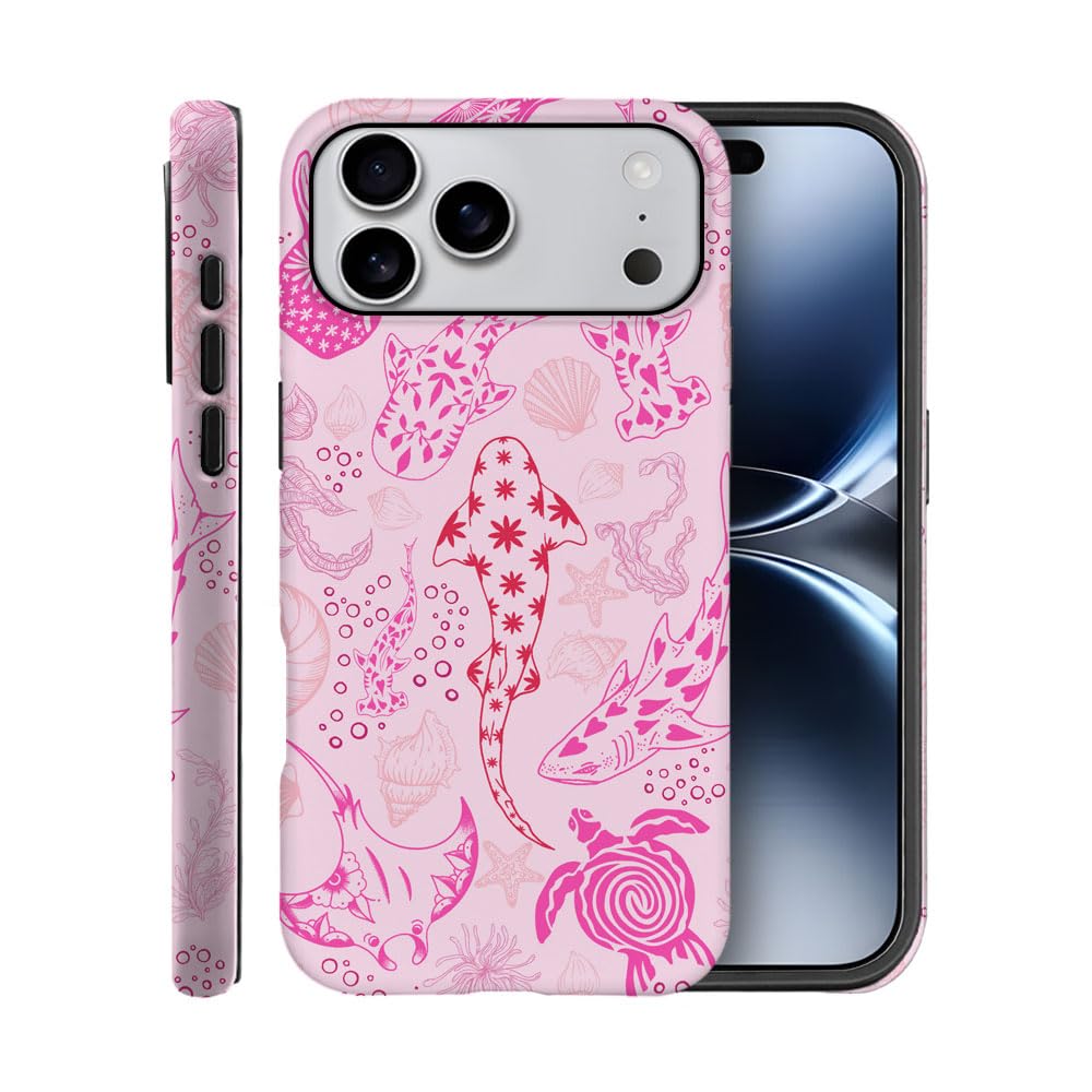 Case for iPhone 17 Pro Max,Fits Frosted Case Design for Girl Women,Sharks Turtles Shells Seaweed Pink
