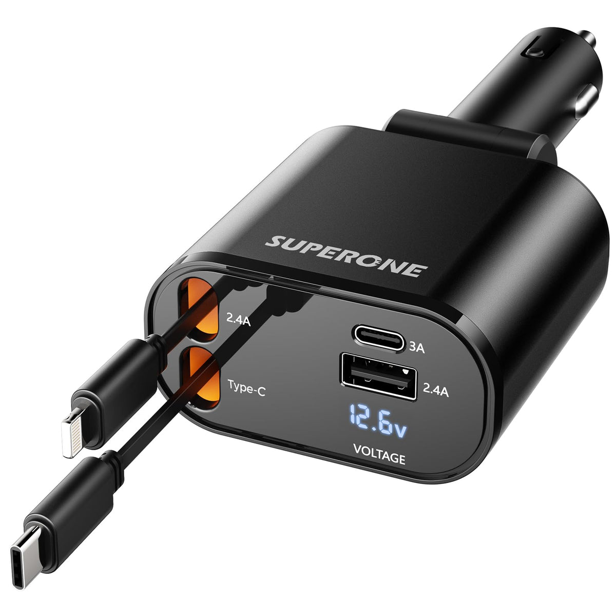 Superone Retractable Car Charger, 4 In 1 Super Fast Charge Car Phone Charger With Cord 2.6Ft, 2 Usb Ports Car Charger Adapter, C