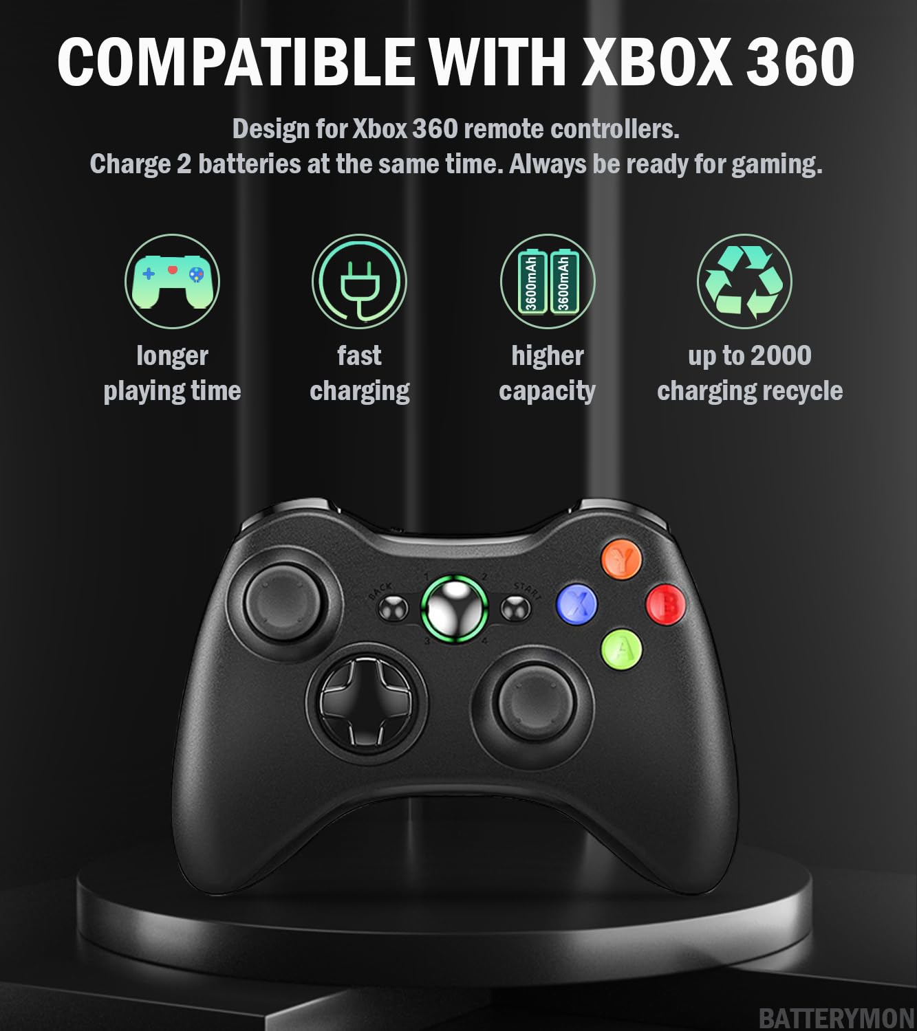 BatteryMon 2 Pack Rechargeable Batteries & Dual Charging Station Dock for Xbox 360 Controller - Black