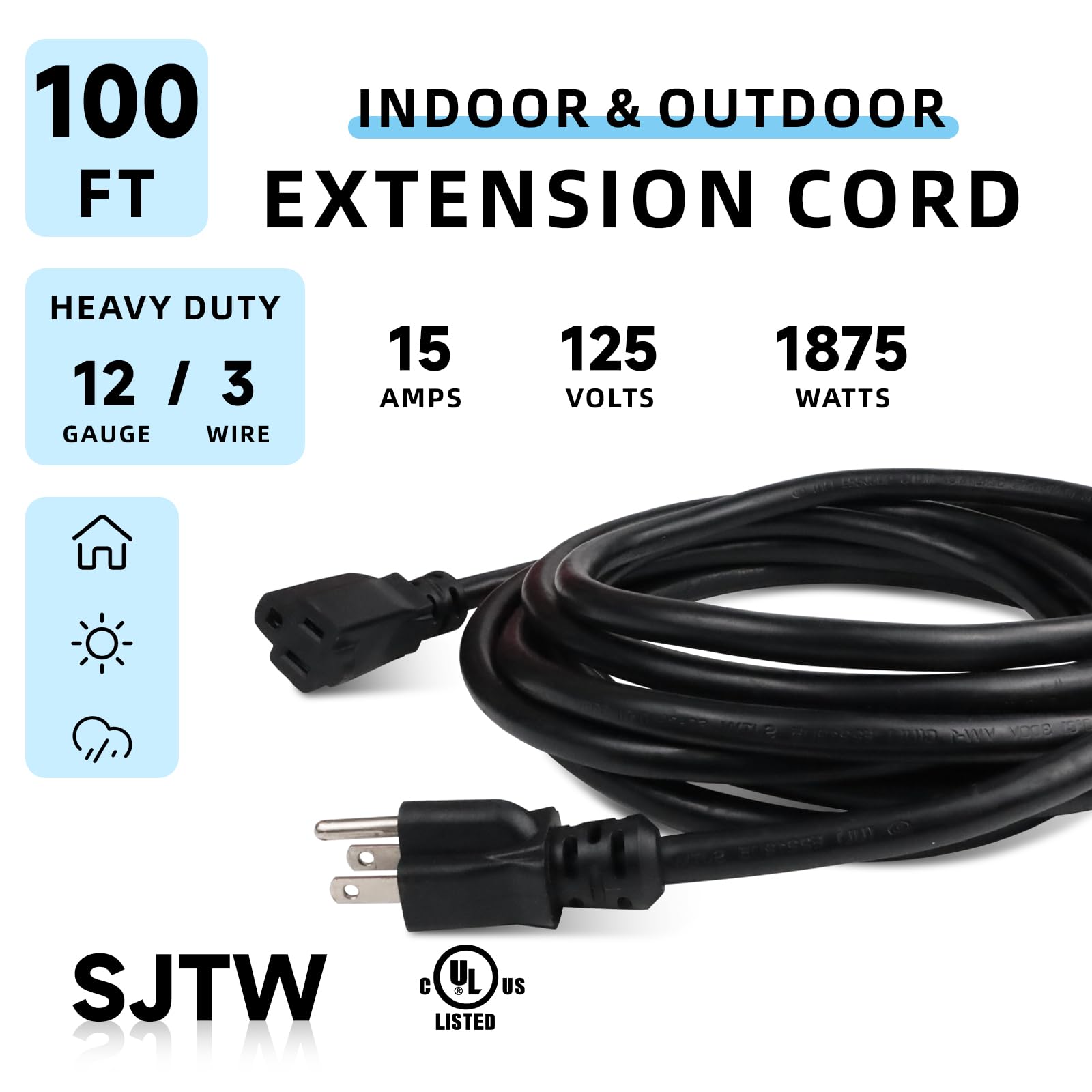 Ep 100 Ft Outdoor Extension Cord   12/3 Sjtw Heavy Duty Black Extension Cable With 3 Prong Grounded Plug   Power Cord For Lawn,